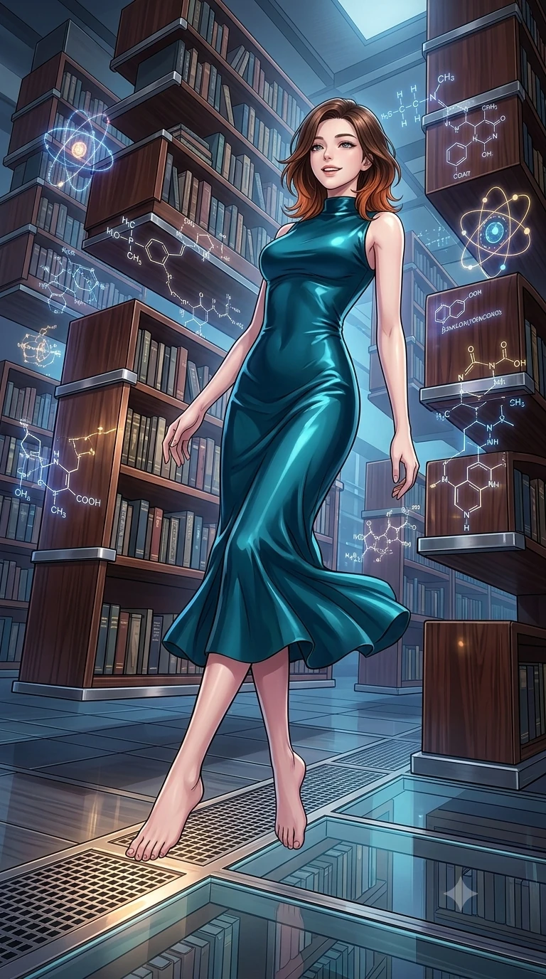 score_9, masterpiece, best quality, ultra-detailed, high-budget anime keyframe, editorial fashion photography, tasteful artistic composition, gorgeous anime illustration, with clean line-art, distinct ink outlines, and high-contrast stereoscopic depth, Korean woman. low angle full-body shot from head to toe showing her feet, filling the entire 9:16 vertical frame with her statuesque presence, stretching her vertical silhouette. floating with a serene, happy lightness within inside a high-tech archive with floating wooden bookshelves and holographic chemical formulas and atomic structures orbiting in mid-air. She has a statuesque 8.5-heads proportion, an exceptionally tall, slender and willowy model-like build with impossibly long legs and a highly sculpted ultra-slim waist. sharp v-shaped jawline, high-bridge nose, intricate jewel-like eyes with depth, thick eyelashes, glossy lips with a natural sheen. wearing a form-contouring mock-neck dress in glossy deep teal silk, highlighting her slender build and elegant proportions. soft blue glow from the holograms casting light onto the dark wood of the bookshelves, creating a cozy tech atmosphere. 2k, ultra detail, master piece, 9:16 ratio, highly saturated vibrant anime colors, detailed cel-shading with soft gradients, rich glossy textures, deep contrast, volumetric dynamic lighting, 2d animation style