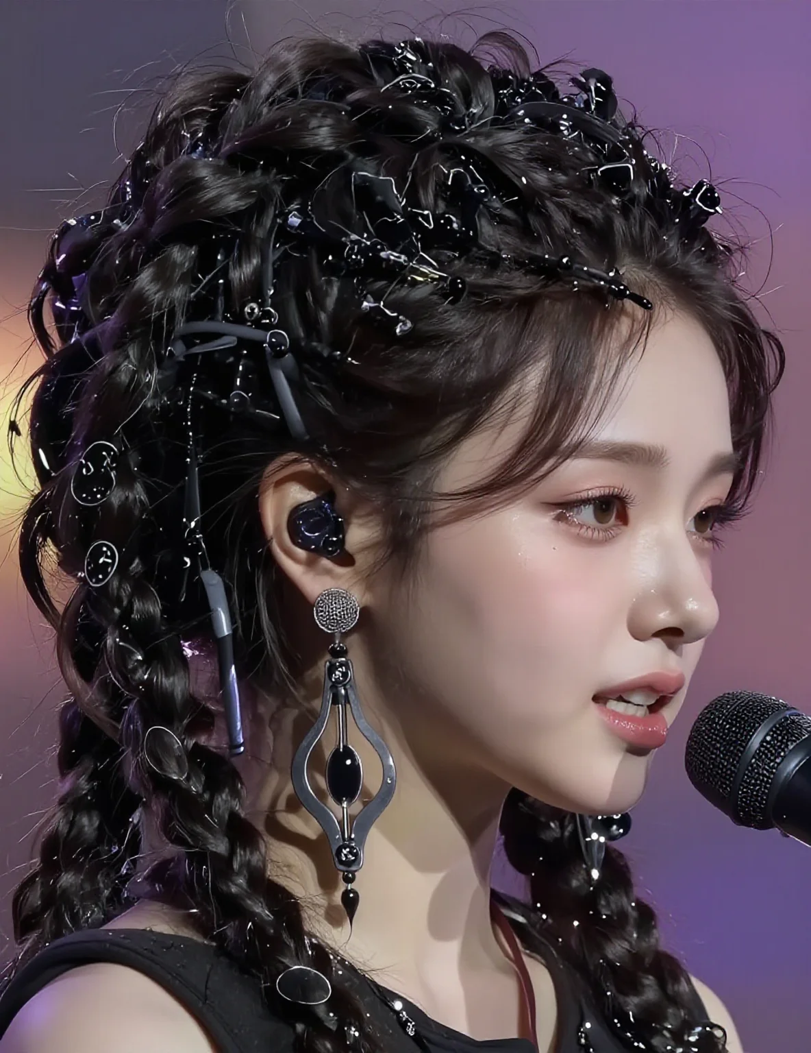 A Korean female idol: Close-up of a female singer’s face, emotion pouring out as she sings into a microphone, intense focus and passion visible, soft stage lighting casting dramatic shadows, detailed expression in high definition, panoramic view, idol photoshoot style