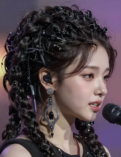 A Korean female idol: Close-up of a female singer’s face, emotion pouring out as she sings into a microphone, intense focus and passion visible, soft stage lighting casting dramatic shadows, detailed expression in high definition, panoramic view, ido