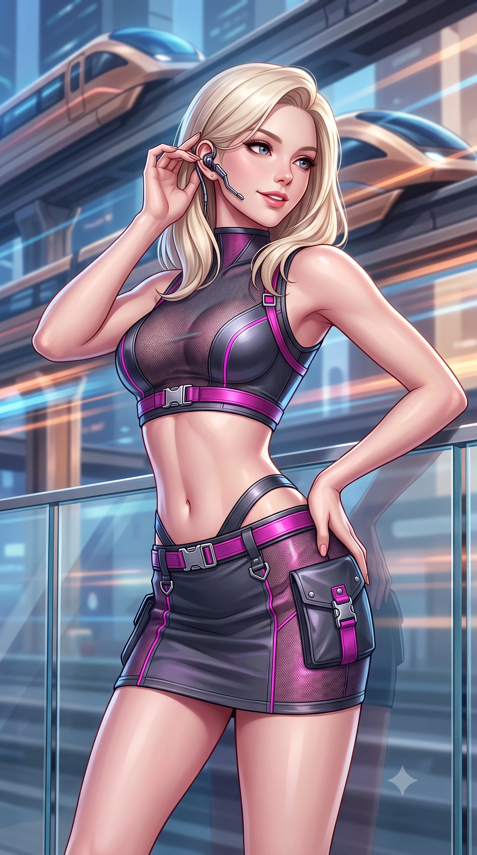 score_9, masterpiece, best quality, ultra-detailed, high-budget anime keyframe, semi-realistic 3D game render, editorial fashion photography, tasteful artistic composition, Caucasian woman. close-up cowboy shot from the waist and thighs up, the character dominates the composition, filling the frame with her large presence. tilting her head with a captivating smile while arching her spine with dancer poise, one hand adjusting her ear comm-link in a flirtatious S-curve while leaning against the frameless glass passenger barrier with hips cocked back, looking over her shoulder with an intoxicating, cosmopolitan half-smile. The background shows a soft-focus multi-tiered magnetic rail tracks and soaring aerodynamic transit pods blurred into electric blue, copper, and champagne bokeh. She has an exceptionally elegant, slender, and willowy female figure with an ultra-slim waist, flat toned midriff, narrow ribcage, and sculpted feminine hips creating an alluring, slim hourglass silhouette without bulk. sharp v-shaped jawline, high-bridge nose, intricate jewel-like sparkling eyes with depth, thick eyelashes, glossy parted lips with a natural sheen, bright confident smile with an enchanting and coquettish sensual glint, exuding both youthful magnetic charm and sovereign high-tech allure, flawlessly proportioned anatomical accuracy, strict slender model proportions, natural body alignment, perfectly sculpted long slender limbs, ultra-slim waistline, clean dynamic posture without body distortion. wearing a body-hugging modern carbon-alloy crop top paired with a low-rise tactical skirt and a subtle waist cut-out in deep titanium gunmetal and radiant magenta neon, crafted from sheer technical cyber-lace reinforced with ultra-thin Kevlar threads, finished with polished chrome buckle hardware and modular magnetic holster clasps, the form-fitting tactical tailoring adhering flawlessly to her sculpted flat midriff and slender torso, emphasizing her long leg lines and perfectly proportioned willowy build. illuminated by passing train light streaks and sharp platinum rim lights defining her sculpted collarbones, ultra-slim waist, and curvy hips. highly saturated vibrant anime colors, detailed shading with soft gradients, rich glossy textures, high-contrast stereoscopic depth, volumetric dynamic lighting, master piece, 9:16 ratio