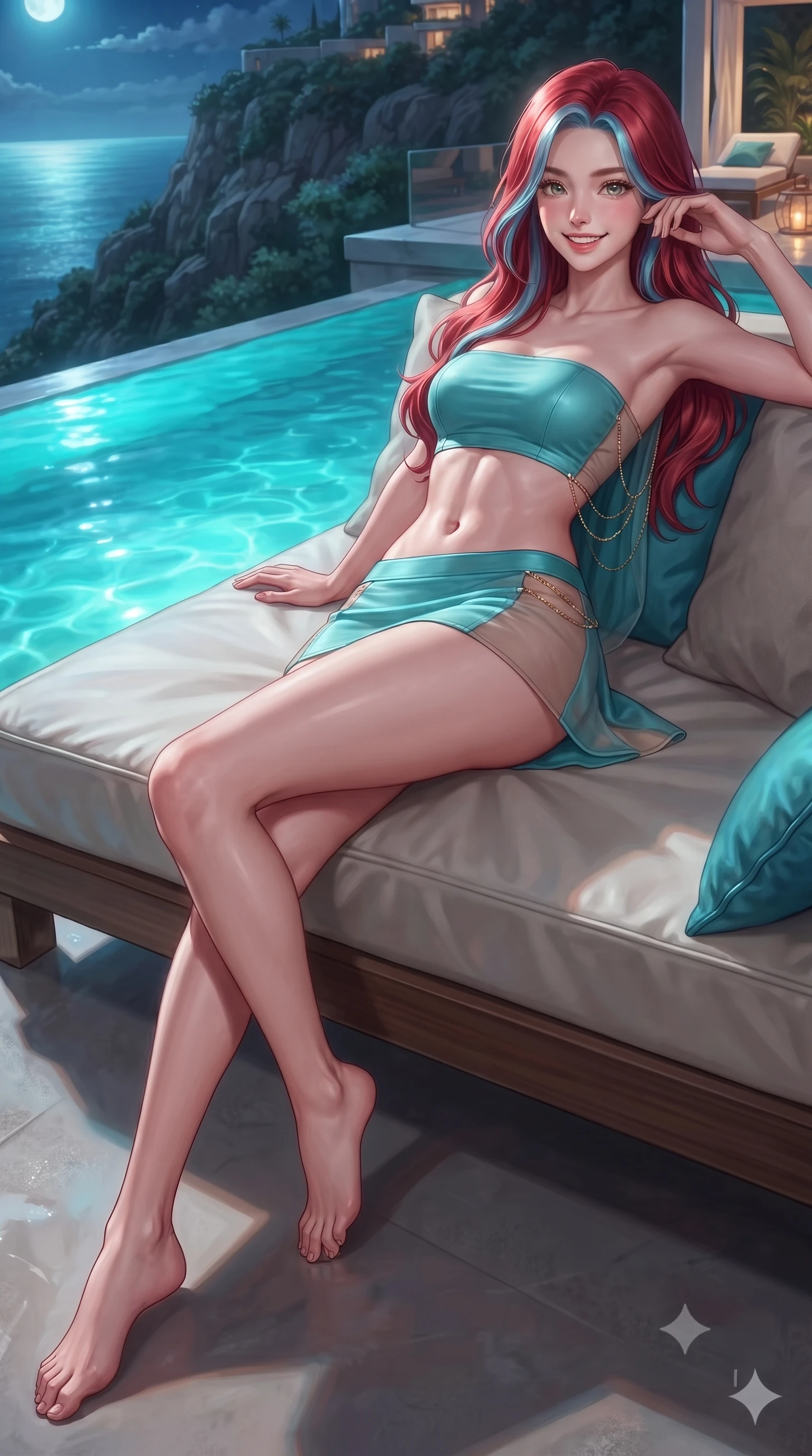 score_9, masterpiece, best quality, ultra-detailed, high-budget anime keyframe, editorial fashion photography, tasteful artistic composition, Caucasian woman. low angle full-body shot from head to toe showing her feet, filling the entire 9:16 vertical frame with her statuesque presence, stretching her vertical silhouette. lounging on the lavish daybed with legs crossed and hips angled toward the camera, displaying her toned midriff and long slender limbs with effortless siren poise while twisting her slender torso in an alluring contrapposto stance, glowing turquoise pool water and moonlight wrapping around her flat midriff and hips. The surrounding environment is rendered in vivid detail and crisp panoramic clarity: detailed garment lines, wet cling or tailored fit, and cliffside engineering in high resolution. She has an exceptionally tall and slender model-like 8.5-heads proportion, an ultra-slim waist, a flat toned midriff, narrow delicate ribcage, and beautifully sculpted feminine hips creating a graceful, slim hourglass silhouette without any bulky heaviness, with impossibly long slender legs. sharp v-shaped jawline, high-bridge nose, intricate jewel-like sparkling eyes with depth, thick eyelashes, glossy parted lips with a natural peach sheen, bright cheerful beaming smile with an enchanting and coquettish sensual glint, exuding both youthful cute charm and seductive allure, flawlessly proportioned anatomical accuracy, strict slender model proportions, natural body alignment, perfectly sculpted long slender limbs, ultra-slim waistline, clean dynamic posture without body distortion. wearing an ultra-cropped fitted bandeau top paired with a micro mini tennis skirt revealing her flat midriff in Sentosa tropical coral reef teal and pure iridescent pearl, featuring strategic sheer-illusion tulle side panels framing her ribcage and hips, accented with an open-back drape framed by falling strands of delicate gold chains, the glove-like clinging cut tightly following the natural contour of her hips and long slender legs with youthful 8.5-heads elegance. illuminated by pool water reflection bounce and sharp platinum-cyan rim lights defining her dewy collarbones, ultra-slim waist, and curvy hips. ultra-reflective glossy finish, specular highlights, rich textural contrasts, high-contrast stereoscopic depth, volumetric dynamic lighting, 2k, ultra detail, master piece, 9:16 ratio