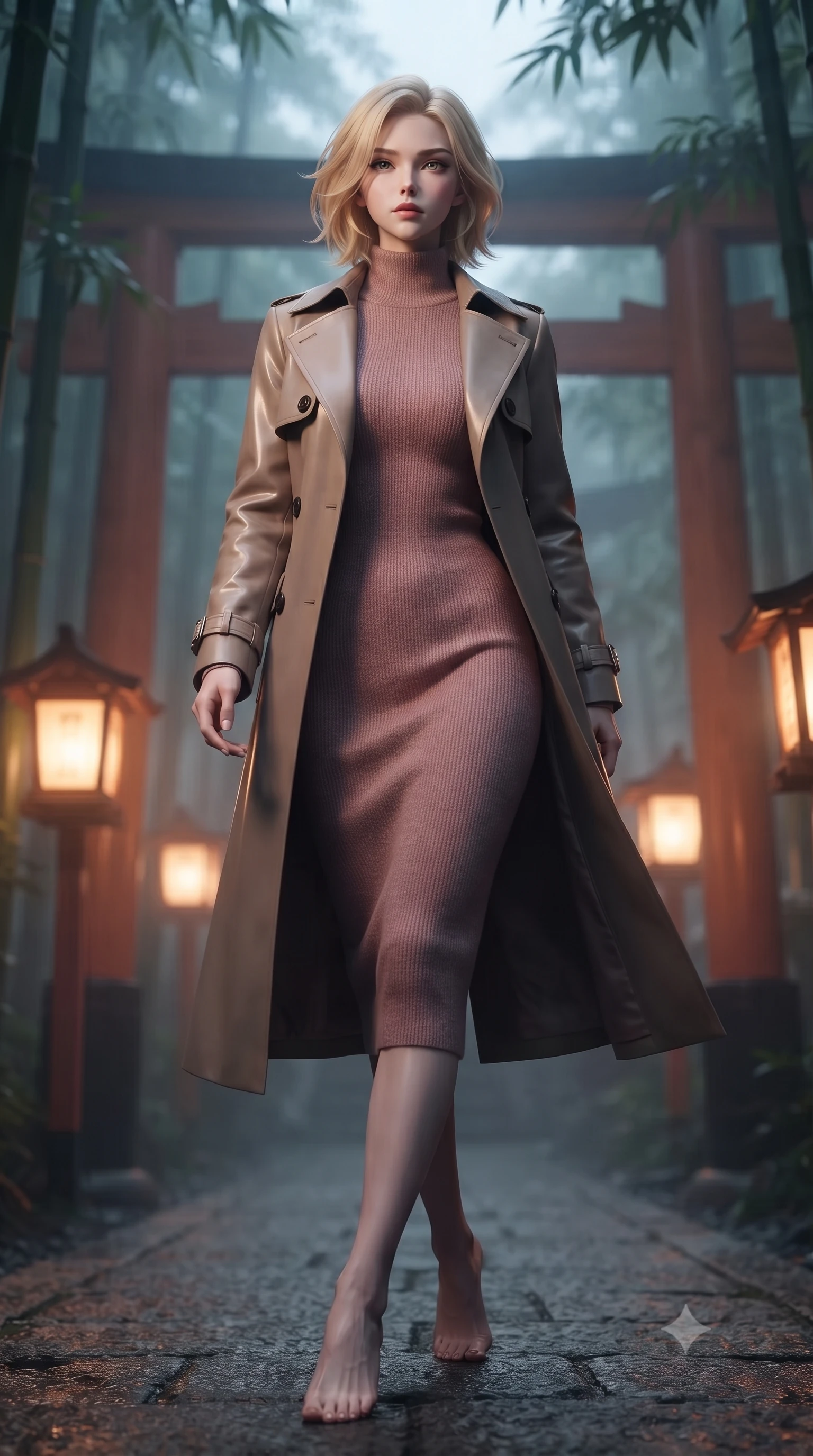 score_9, masterpiece, best quality, ultra-detailed, high-budget anime keyframe, editorial fashion photography, tasteful artistic composition, Caucasian woman woman. low angle full-body shot from head to toe showing her feet, filling the entire 9:16 vertical frame with her statuesque presence, stretching her vertical silhouette. She has an absolutely perfect, statuesque 8.5-heads proportion, an exceptionally tall and slender model-like female figure with impossibly long slender legs and an ultra-slim waist. stepping gracefully forward in a proud statuesque stride, her body turning in a fluid S-curve silhouette, flawlessly proportioned anatomical accuracy, natural body alignment, perfectly sculpted elegant limbs, clean dynamic posture without body distortion. set against a soft-focus background of a misty bamboo torii shrine path with glowing paper lanterns. wearing a classic tailored trench coat over a high-neck dusty rose knit midi dress. bathed in warm amber lantern light casting soft organic bamboo leaf stencil shadows. ultra-reflective glossy finish, specular highlights, metallic sheen, high-contrast stereoscopic depth, volumetric dynamic lighting, 2k, ultra detail, master piece, 9:16 ratio