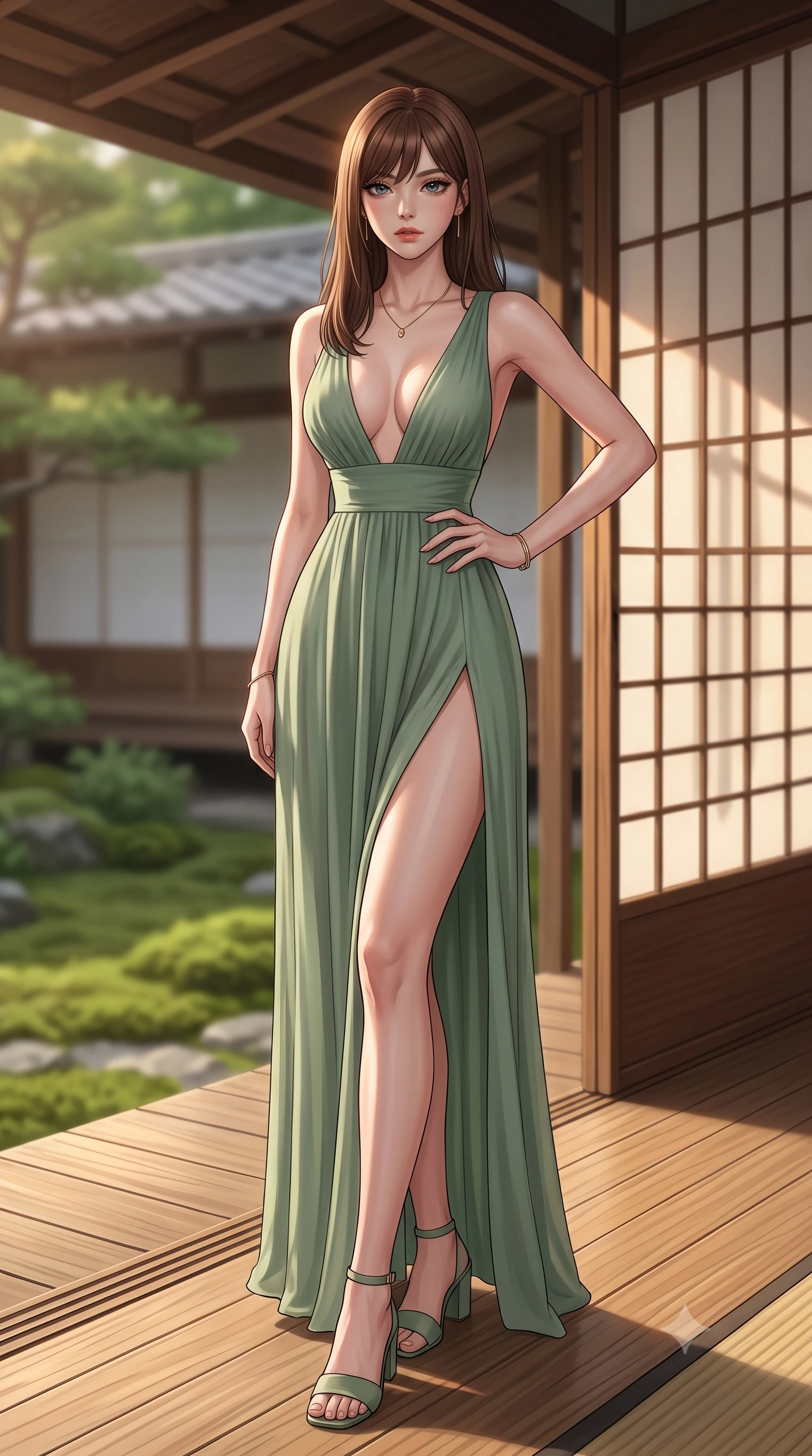 score_9, masterpiece, best quality, ultra-detailed, high-budget anime keyframe, editorial fashion photography, tasteful artistic composition, Korean woman woman. low angle full-body shot from head to toe showing her feet, filling the entire 9:16 vertical frame with her statuesque presence, stretching her vertical silhouette. posing confidently with one hand on her hip, stretching her statuesque body to emphasize her curves the background shows a soft-focus a wooden veranda (engawa) of a traditional Japanese house facing a serene moss garden. She has an absolutely perfect, statuesque 8.5-heads proportion, an exceptionally tall and slender model-like female figure with impossibly long slender legs and an ultra-slim waist. sharp v-shaped jawline, high-bridge nose, intricate jewel-like eyes with depth, thick eyelashes, glossy lips with a natural sheen. wearing a slim-fit deep plunging-V neck maxi dress in sage green chiffon, featuring a high side slit ascending to mid-thigh. soft late afternoon sunrays casting long wooden frame shadows on the paper screens. 2k, ultra detail, master piece, 9:16 ratio