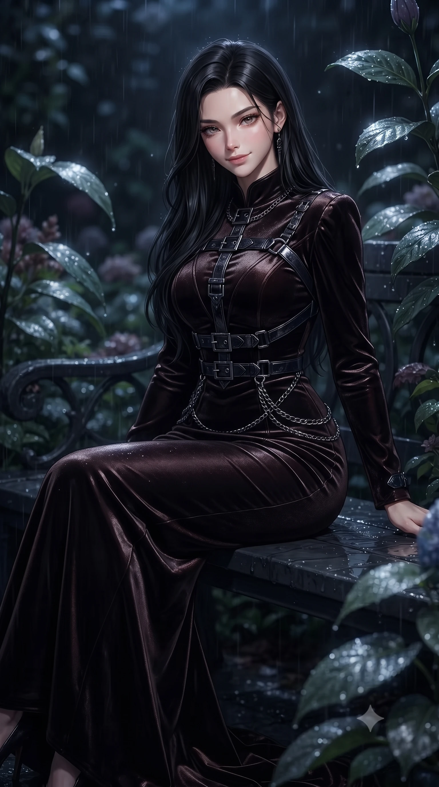 score_9, masterpiece, best quality, ultra-detailed, high-budget anime keyframe, editorial fashion photography, tasteful artistic composition, Korean woman. close-up cowboy shot from the waist and thighs up, the character dominates the composition, filling the frame with her large presence, background elements kept in soft focus. Smiling with quiet, magnetic self-assurance directly into the camera, resting on a dark slate garden bench surrounded by wet dark flora, dark rain-slicked plant leaves framing the night scene in soft focus. She has an exceptionally elegant, slender, and willowy female figure with an ultra-slim waist, a gracefully sculpted slender torso, and a refined silhouette. sharp v-shaped jawline, high-bridge nose, intricate jewel-like eyes with depth, thick eyelashes, glossy lips with a natural sheen. wearing sculpted form-fitting dark velvet column gown in pitch black in dark mahogany, made of sculpted obsidian metallic chrome, framed by dark titanium buckles and silver chain details, following her slender form with tailored precision. surrounded by cool rain-soaked ambiance with sharp rim highlights. highly saturated vibrant anime colors, detailed shading with soft gradients, rich glossy textures, high-contrast stereoscopic depth, volumetric dynamic lighting, master piece, 9:16 ratio