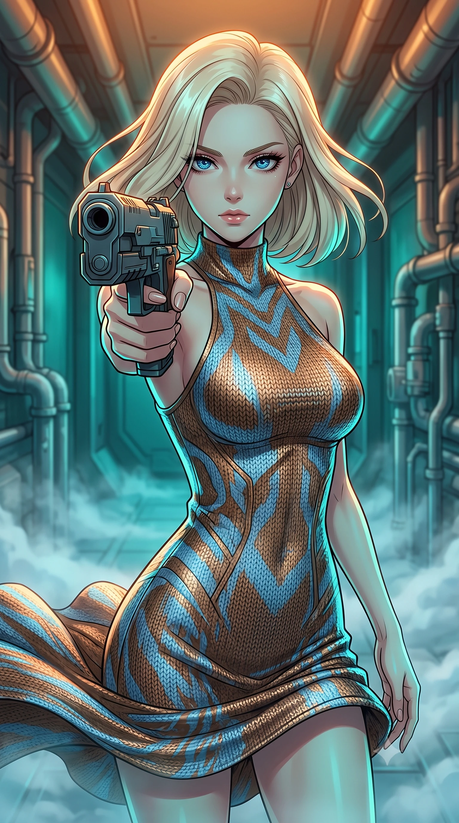 score_9, masterpiece, best quality, ultra-detailed, high-budget anime keyframe, clean line-art, cel-shading, Caucasian woman, strictly human ears. close-up cowboy shot from the waist and thighs up, the character dominates the composition, filling the frame with her large presence, background elements kept in soft focus. Pointing a weapon directly past the lens with a calm, dominant gaze of superiority. set against a soft-focus background of a narrow corridor lined with pipes venting freezing nitrogen gas, creating a dense ice fog on the floor. She has an exceptionally elegant and slender, willowy female figure with an ultra-slim waist, a gracefully sculpted slender torso, and a refined slim physique. sharp v-shaped jawline, high-bridge nose, intricate jewel-like eyes with depth, thick eyelashes, glossy lips with a natural sheen. wearing the lightweight fabric rippling and billowing dramatically with her movement, a tailored high-neck racer-back fitted dress in a metallic bronze and sky blue knit, highlighting her athletic shoulders and slender torso. warm amber rim lighting combined with cool teal fill light creating dramatic contrast. highly saturated vibrant anime colors, intense vivid color palette, volumetric dynamic lighting, 2k, ultra detail, master piece, 9:16 ratio