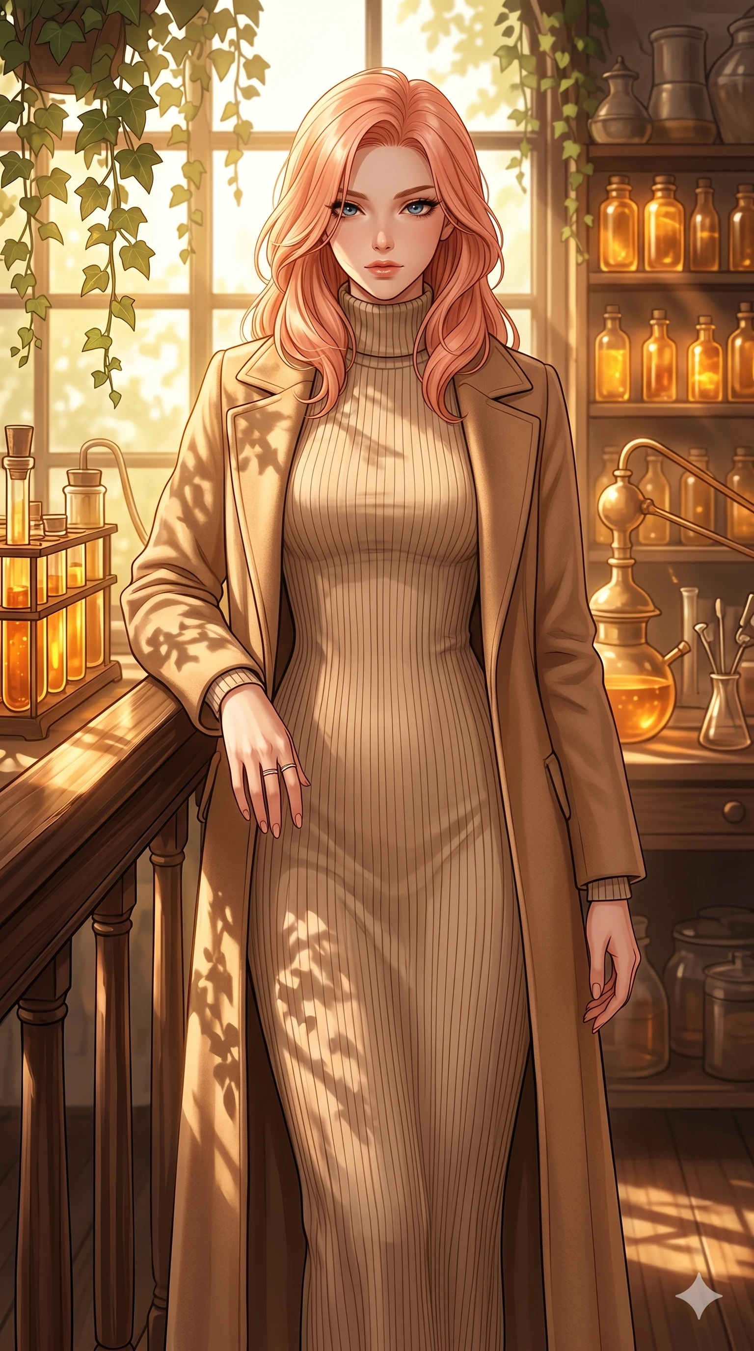 score_9, masterpiece, best quality, ultra-detailed, high-budget anime keyframe, editorial fashion photography, tasteful artistic composition, Japanese woman. cowboy shot from the thighs up, character and outfit filling the frame for maximum editorial presence. resting one hand on the wooden railing, casting a bedroom-eyes gaze directly at the camera inside an alchemist's glass workshop filled with glowing amber vials (Code-P17-012). She has an absolutely perfect 8-heads proportion, an exceptionally tall and slender female figure with impossibly long slender legs and an ultra-slim waist. V-shaped jawline, high-bridge nose, intricate jewel-like eyes with depth, thick eyelashes, glossy lips with a natural sheen. wearing a long-sleeved high-neck knit maxi dress with a warm wool coat. drenched in brilliant afternoon sunshine, casting shadows of hanging ivy leaves over her form. 2k, ultra detail, master piece, 9:16 ratio