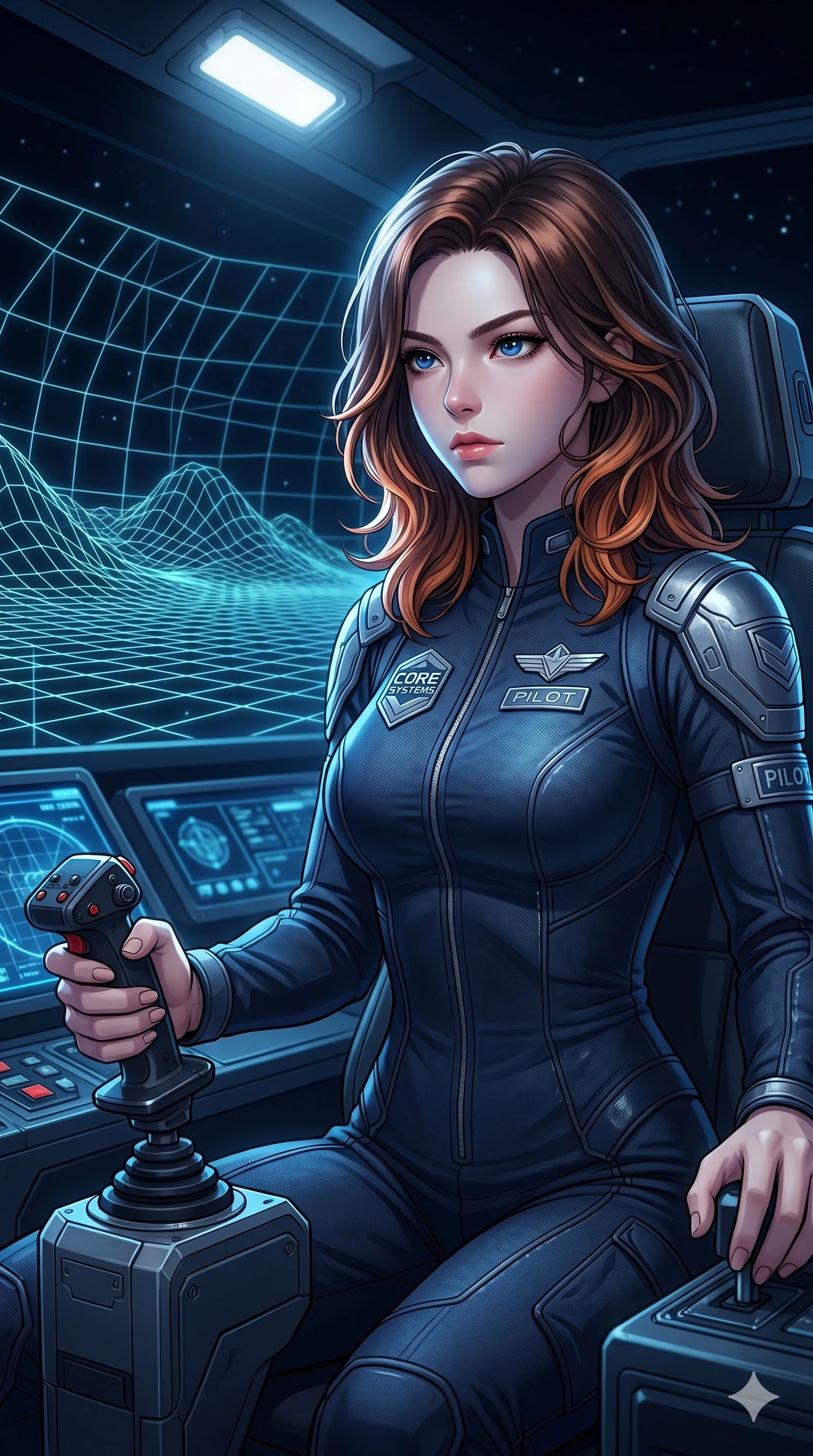 score_9, masterpiece, best quality, ultra-detailed, high-budget anime keyframe, Korean woman. Upper body close-up from the thighs up, character filling the screen for maximum presence. Inside a virtual reality spaceship cockpit, flying through a grid, holding the flight stick with a focused, confident look. She is wearing a tailored flight jumpsuit with silver badges and structured shoulder panels. The scene is lit by the blue control panels and a sharp white key light. 2k, ultra detail, master piece, 9:16 ratio