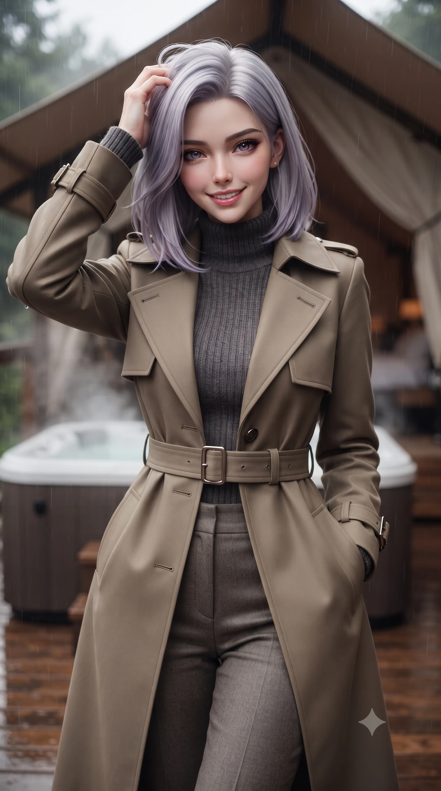 score_9, masterpiece, best quality, ultra-detailed, high-budget anime keyframe, editorial fashion photography, tasteful artistic composition, Caucasian woman. close-up cowboy shot from the waist and thighs up, the character dominates the composition, filling the frame with her large presence, background elements kept in soft focus. smiling with quiet, magnetic self-assurance directly into the camera, running a hand through her hair the background shows a soft-focus a glamping tent balcony during a light rain, with steam rising from a hot tub. She has an exceptionally elegant, slender, and willowy female figure with an ultra-slim waist, a gracefully sculpted slender torso, and a refined silhouette. sharp v-shaped jawline, high-bridge nose, intricate jewel-like eyes with depth, thick eyelashes, glossy lips with a natural sheen. wearing a body-hugging tailored trench coat in khaki cotton, worn closed over a high-neck dark grey knit sweater and trousers. shifting light reflections from the wet wood deck and steam onto her form. ultra-reflective glossy finish, specular highlights, metallic sheen, high-contrast stereoscopic depth, volumetric dynamic lighting, 2k, ultra detail, master piece, 9:16 ratio