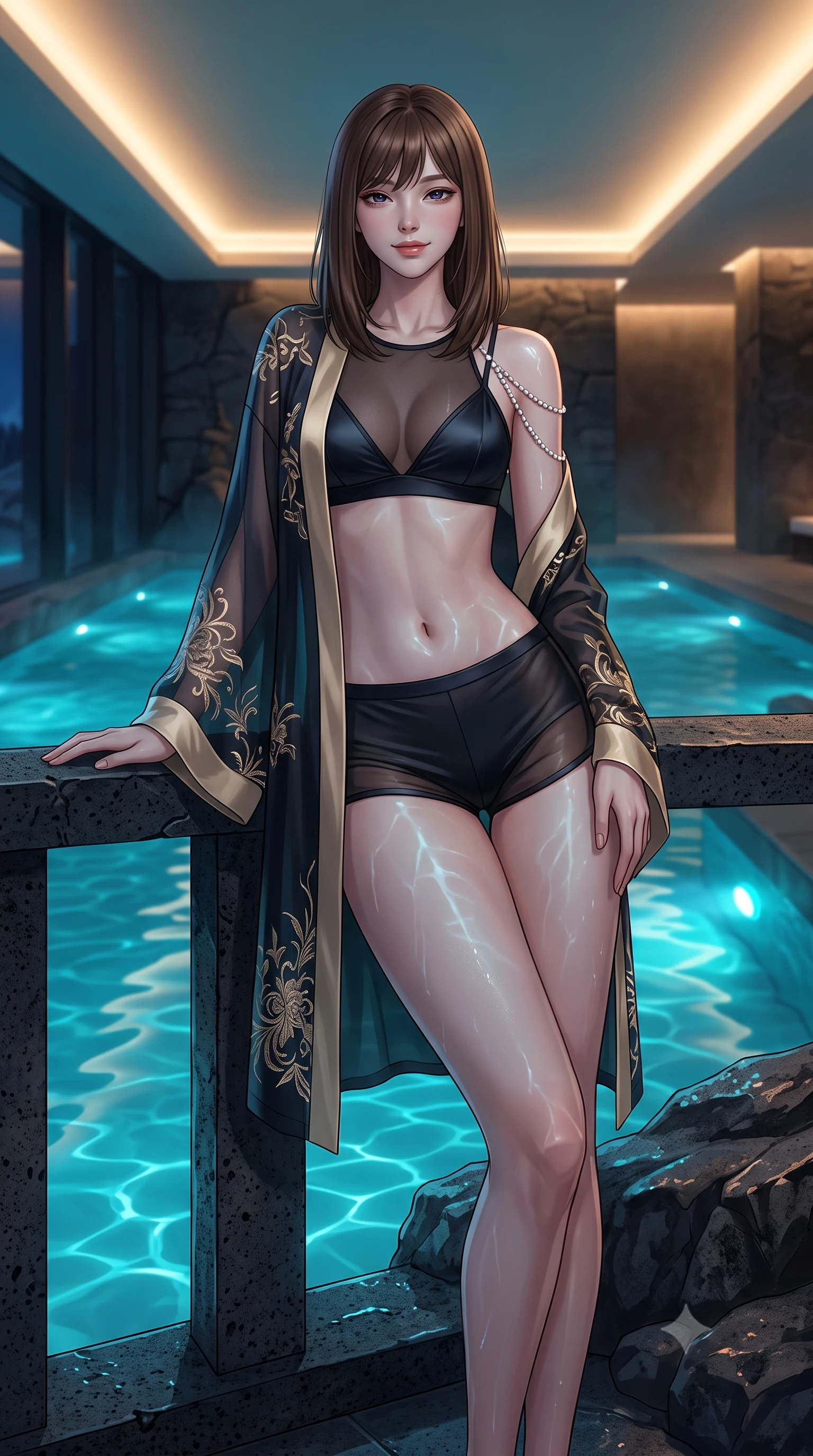 score_9, masterpiece, best quality, ultra-detailed, high-budget anime keyframe, editorial fashion photography, tasteful artistic composition, Korean woman. close-up cowboy shot from the waist and thighs up, the character dominates the composition, filling the frame with her large presence. leaning back against the balustrade with relaxed seductive grace, head tilted back slightly while casting a hypnotic, heavy-lidded gaze while twisting her slender torso in an alluring contrapposto stance on the lava rock ledge, glowing cyan water caustics wrapping around her flat midriff and hips. The surrounding environment is rendered in vivid detail and crisp panoramic clarity: detailed garment lines, wet cling or sheer fit, and Icelandic volcanic architecture in razor-sharp precision. She has an exceptionally elegant, slender, and willowy female figure with an ultra-slim waist, flat toned midriff, narrow ribcage, and sculpted feminine hips creating an alluring, slim hourglass silhouette without bulk. sharp v-shaped jawline, high-bridge nose, intricate jewel-like sparkling eyes with depth, thick eyelashes, glossy parted lips with a natural peach sheen, bright cheerful beaming smile with an enchanting and coquettish sensual glint, exuding both youthful cute charm and seductive allure, flawlessly proportioned anatomical accuracy, strict slender model proportions, natural body alignment, perfectly sculpted long slender limbs, ultra-slim waistline, clean dynamic posture without body distortion. wearing a sheer silk organza modern kimono robe worn loose and slipping off bare shoulders over a matching satin bralette and micro-shorts in deep midnight obsidian black and champagne gold, woven from fine semi-opaque stretch illusion mesh tracing her slender contours, accented with a pearl-drop body harness subtly framing her dewy collarbones and spine, the impeccably tailored cut draping gracefully along her slender figure with aristocratic poise. bathed in underwater pool turquoise-cyan LEDs combined with soft warm 2700K interior cove lighting through glass. ultra-reflective glossy finish, specular highlights, rich textural contrasts, high-contrast stereoscopic depth, volumetric dynamic lighting, 2k, ultra detail, master piece, 9:16 ratio