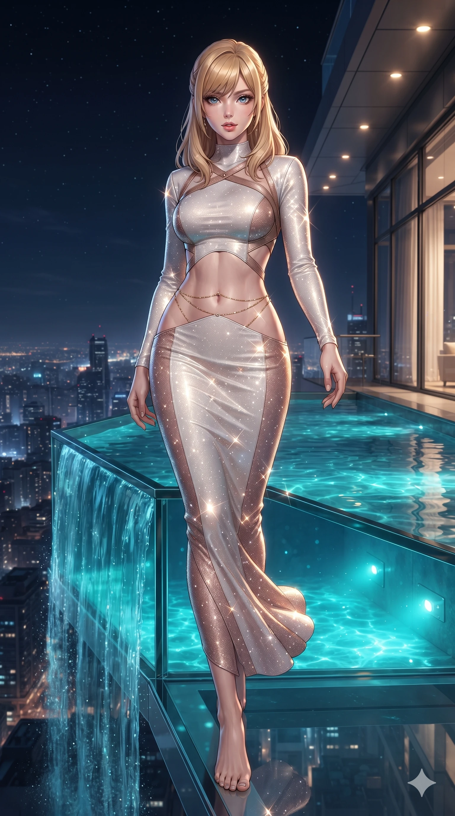 score_9, masterpiece, best quality, ultra-detailed, high-budget anime keyframe, editorial fashion photography, tasteful artistic composition, Caucasian woman. low angle full-body shot from head to toe showing her feet, filling the entire 9:16 vertical frame with her statuesque presence, stretching her vertical silhouette. stepping slowly toward the camera with hypnotic grace, hips swaying in an alluring sensual rhythm that accentuates her curvy hourglass silhouette and long slender legs while standing poised at the outer edge of the transparent glass pool, arching her lower back with sovereign supermodel grace as water spills into the night air. The surrounding environment is rendered in vivid detail and crisp panoramic clarity: detailed mermaid gown tailoring, open-back leather harness straps, and monumental aquatic architecture in razor-sharp clarity. She has an exceptionally tall and slender model-like 8.5-heads proportion, an ultra-slim waist, a flat toned midriff, narrow delicate ribcage, and beautifully sculpted feminine hips creating a graceful, slim hourglass silhouette without any bulky heaviness, with impossibly long slender legs. sharp v-shaped jawline, high-bridge nose, intricate jewel-like sparkling eyes with depth, thick eyelashes, glossy parted lips with a natural sheen, intensely captivating and seductive bedroom-eyes expression, exuding both youthful cute charm and sovereign luxury allure, flawlessly proportioned anatomical accuracy, strict slender model proportions, natural body alignment, perfectly sculpted long slender limbs, ultra-slim waistline, clean dynamic posture without body distortion. wearing a glove-like stretch lambskin leather sheath dress accentuating her ultra-slim waistline without bulk in celestial porcelain white and rose-gold, woven from stretch metallic lurex jersey casting radiant starlight glints across her curves, accented with a dainty gold belly chain resting across her flat midriff and curving hips, the glove-like clinging cut tightly following the natural contour of her hips and long slender legs with youthful 8.5-heads elegance. bathed in the vibrant underwater turquoise illumination filtering through the glass floor mixed with warm overhead starlight. ultra-reflective glossy finish, specular highlights, rich textural contrasts, high-contrast stereoscopic depth, volumetric dynamic lighting, 2k, ultra detail, master piece, 9:16 ratio