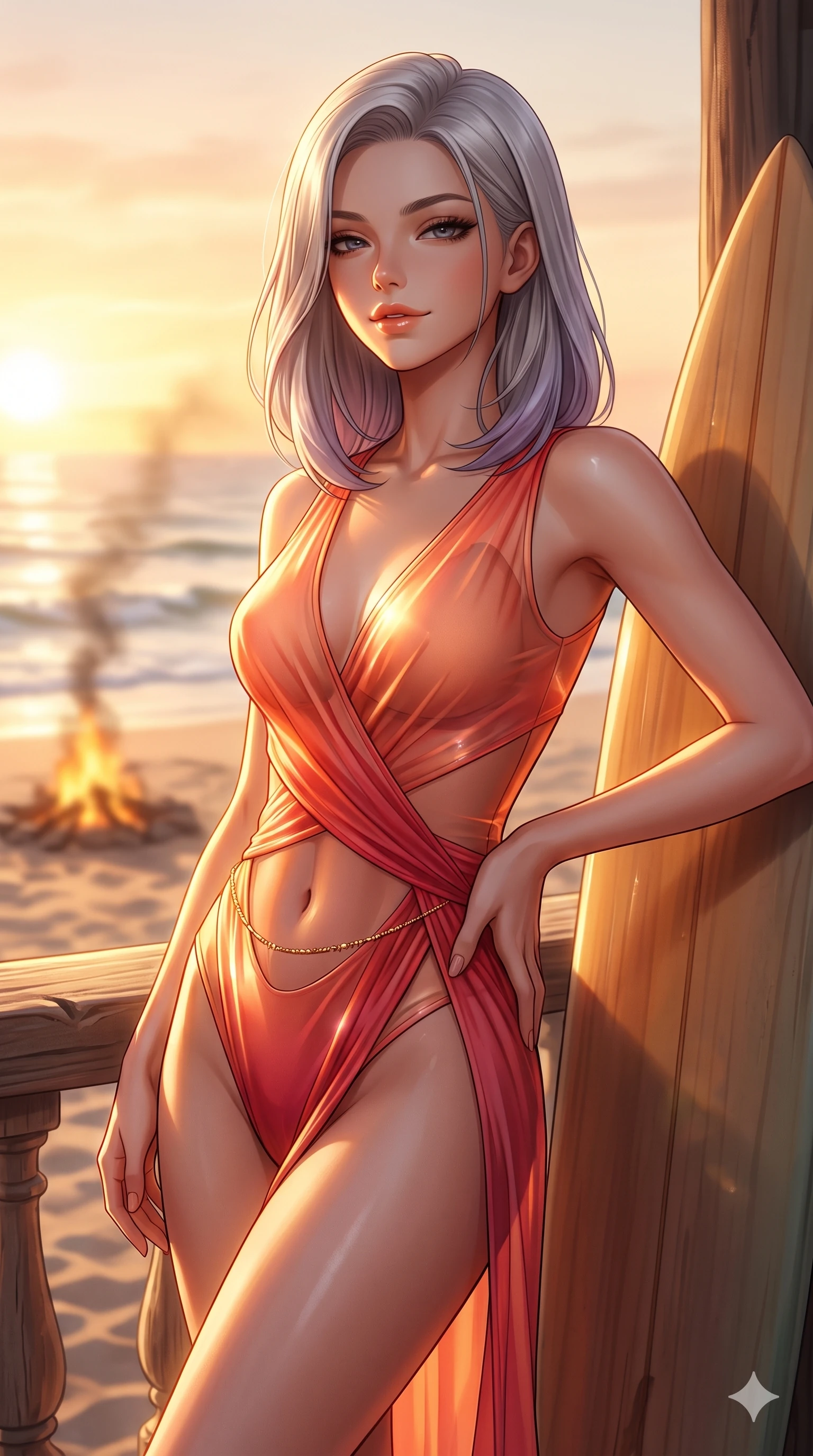 score_9, masterpiece, best quality, ultra-detailed, high-budget anime keyframe, semi-realistic 3D game render, editorial fashion photography, tasteful artistic composition, Caucasian woman. close-up cowboy shot from the waist and thighs up, the character dominates the composition, filling the frame with her large presence. leaning back against the balustrade with relaxed seductive grace, head tilted back slightly while casting a hypnotic, heavy-lidded gaze while standing tall beside the surfboard with one hand on her hip, arching her spine with supermodel poise as the setting sun silhouettes her hourglass figure. The background shows a soft-focus beach bonfire smoke in the distance softened in bohemian sunset shallow focus. She has an exceptionally elegant, slender, and willowy female figure with an ultra-slim waist, flat toned midriff, narrow ribcage, and sculpted feminine hips creating an alluring, slim hourglass silhouette without bulk. sharp v-shaped jawline, high-bridge nose, sparkling eyes with hypnotic seductive depth, thick curled eyelashes, glossy parted lips with a natural dewy peach sheen, alluring bedroom-eyes with an enchanting coquettish smile, exuding magnetic siren charisma and sophisticated glamour, flawlessly proportioned anatomical accuracy, strict slender model proportions, natural body alignment, perfectly sculpted long slender limbs, ultra-slim waistline, clean dynamic posture without body distortion. wearing a delicate semi-translucent wet-look mesh bodysuit clinging sheerly to her sculpted torso and hip curves in blazing sunset peach and deep coral crimson, made of fluid liquid jersey with seamless sculpting hold and smooth contours, accented with a dainty gold belly chain resting across her flat midriff and curving hips, the high-slit wrap tailoring accentuating her ultra-slim waistline and the enchanting curve of her feminine hips with alluring seductive charm. bathed in molten golden hour sunset light washing horizontally across the ocean surface with blinding specular highlights. highly saturated vibrant anime colors, detailed shading with soft gradients, rich glossy textures, high-contrast stereoscopic depth, volumetric dynamic lighting, master piece, 9:16 ratio