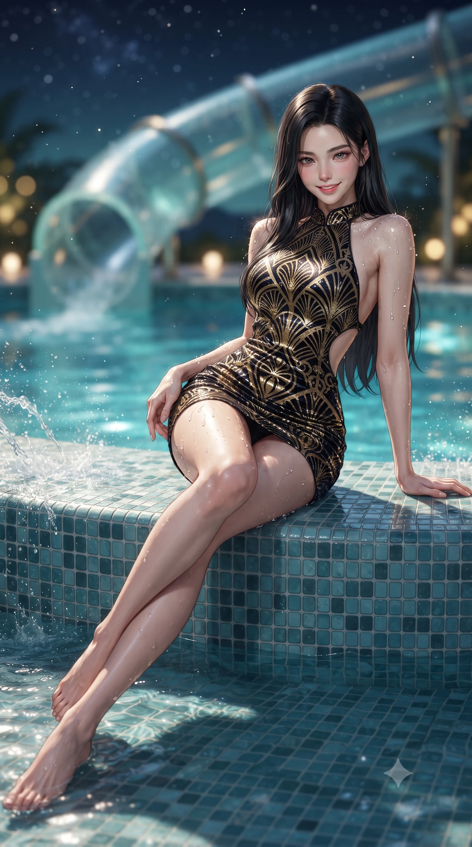 score_9, masterpiece, best quality, ultra-detailed, high-budget anime keyframe, editorial fashion photography, tasteful artistic composition, Korean woman. low angle full-body shot from head to toe showing her feet, filling the entire 9:16 vertical frame with her statuesque presence, stretching her vertical silhouette. lounging on the lavish daybed with legs crossed and hips angled toward the camera, displaying her toned midriff and long slender limbs with effortless siren poise while lounging on the submerged tiled pool tanning ledge propped on one arm, her long slender legs and flat midriff radiating effortless siren allure. The background shows a soft-focus illuminated freshwater plunge pool, curved translucent waterslide tube, and vast lagoon under a starry sky blurred into turquoise, navy, and gold bokeh. She has an absolutely perfect, statuesque 8.5-heads proportion, an exceptionally tall and slender model-like female figure with impossibly long slender legs, an ultra-slim waist, a flat toned midriff, narrow delicate ribcage, and beautifully sculpted feminine hips creating a graceful, slim hourglass silhouette without any bulky heaviness. sharp v-shaped jawline, high-bridge nose, sparkling eyes with hypnotic seductive depth, thick curled eyelashes, glossy parted lips with a natural dewy peach sheen, alluring bedroom-eyes with an enchanting coquettish smile, exuding magnetic siren charisma and sophisticated glamour, flawlessly proportioned anatomical accuracy, strict slender model proportions, natural body alignment, perfectly sculpted long slender limbs, ultra-slim waistline, clean dynamic posture without body distortion. wearing a backless halterneck column mini dress in shimmering liquid vinyl clinging like a second skin in Shanghai Art Deco black and polished brass gold, tailored from ultra-plush velvet with rich tactile depth and deep shadow gradients, finished with glistening drops of lagoon or spa water beading across her sculpted shoulders and collarbones, the precision-cut side openings and low-back scoop framing her graceful spine and the sensual sweep of her slim, toned hips. illuminated by splashing water spray caustics and sharp platinum-gold rim lights sculpting her jawline, flat midriff, and curvy hips. ultra-reflective glossy finish, specular highlights, rich textural contrasts, high-contrast stereoscopic depth, volumetric dynamic lighting, 2k, ultra detail, master piece, 9:16 ratio