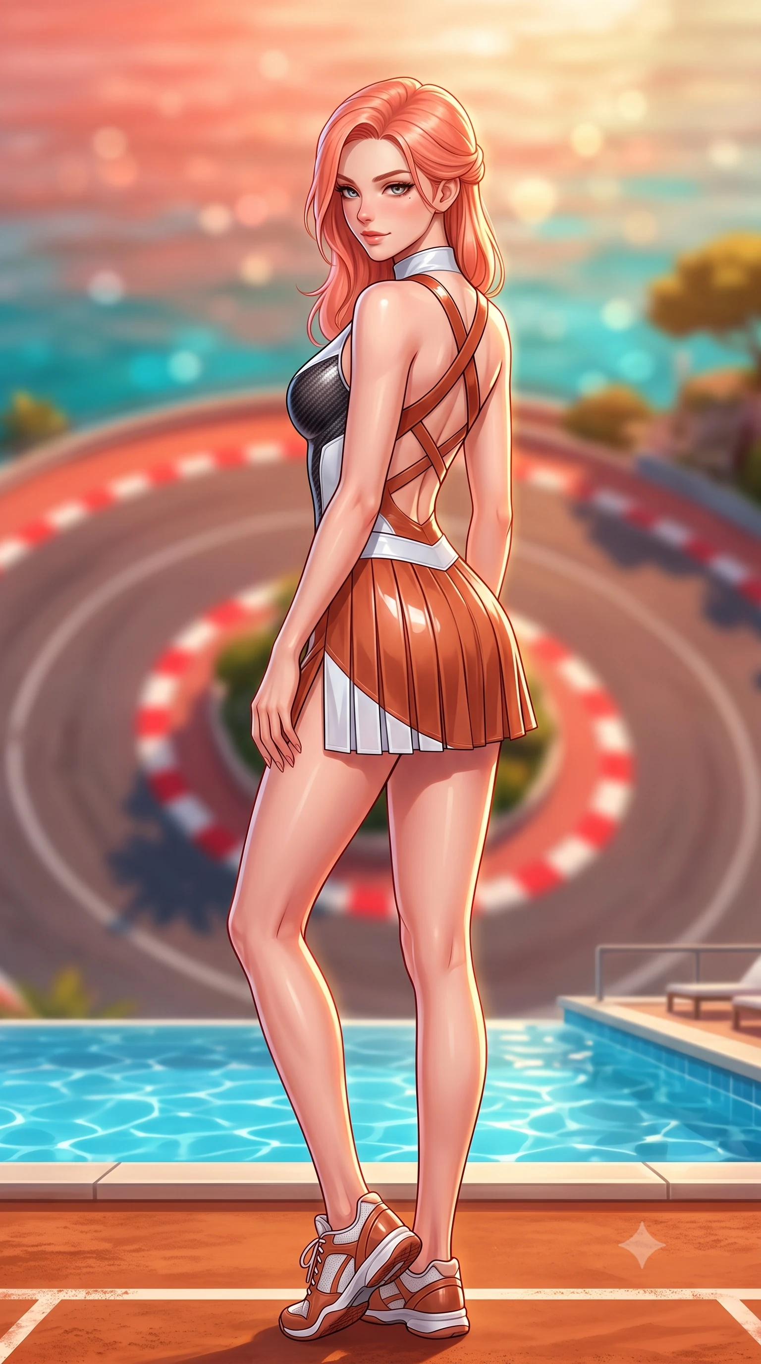score_9, masterpiece, best quality, ultra-detailed, high-budget anime keyframe, semi-realistic 3D game render, editorial fashion photography, tasteful artistic composition, Japanese woman. low angle full-body shot from head to toe showing her feet, filling the entire 9:16 vertical frame with her statuesque presence, stretching her vertical silhouette. walking slowly along the clay court baseline, looking back over her shoulder with an air of effortless grace and an alluring, smoldering smile while standing poised on the rooftop pool terrace directly overlooking the famous tight hairpin curve, arching her back with breathtaking glamour. The background shows a soft-focus the iconic red-and-white curbs of the tight Fairmont Hairpin and the Mediterranean sea beyond blurred into coral, turquoise, and gold bokeh. She has an absolutely perfect, statuesque 8.5-heads proportion, an exceptionally tall and slender model-like female figure with impossibly long slender legs, an ultra-slim waist, a flat toned midriff, narrow delicate ribcage, and beautifully sculpted feminine hips creating a graceful, slim hourglass silhouette without any bulky heaviness. sharp v-shaped jawline, high-bridge nose, sparkling eyes with athletic focus and depth, thick curled eyelashes, glossy parted lips with a natural coral-peach sheen, bright confident and coquettish smile with alluring bedroom-eyes, exuding both youthful sporty vigor and sovereign high-society glamour, flawlessly proportioned anatomical accuracy, strict slender model proportions, natural body alignment, perfectly sculpted long slender limbs, ultra-slim waistline, clean dynamic posture without body distortion. wearing a sleeveless high-collar racing bodysuit with carbon-fiber chestplate accents and a pleated wrap tennis skirt with side hip slit in classic clay-court terracotta and cloud white, made of high-gloss reflective patent leather with mirror-like specular highlights, finished with criss-cross back athletic straps highlighting her graceful shoulder blades, the form-contouring athletic cut accentuating her sculpted flat midriff, narrow delicate ribcage, and gracefully curvy hips with supermodel precision. illuminated by pool water caustic bounce and sharp warm-gold rim lights sculpting her razor-sharp jawline, narrow waist, and curvy hips. highly saturated vibrant anime colors, detailed shading with soft gradients, rich glossy textures, high-contrast stereoscopic depth, volumetric dynamic lighting, master piece, 9:16 ratio