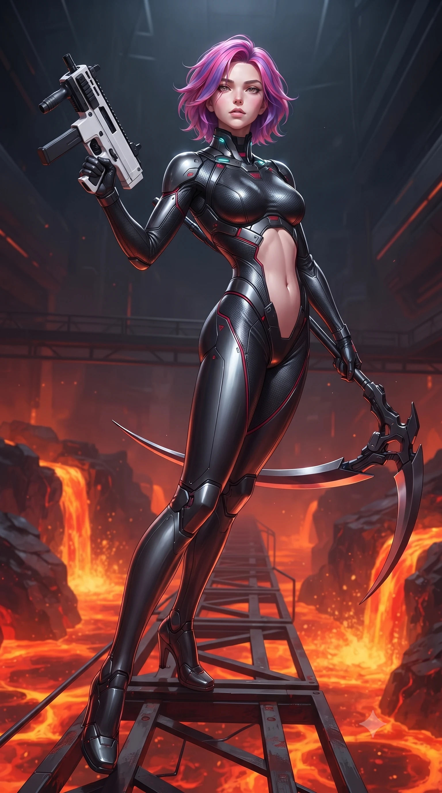 score_9, masterpiece, best quality, ultra-detailed, high-budget anime keyframe, editorial fashion photography, tasteful artistic composition, Caucasian woman. low angle full-body shot from head to toe showing her feet, filling the entire 9:16 vertical frame with her statuesque presence, stretching her vertical silhouette. arching her spine in a fluid zero-gravity combat turn with sovereign grace, her long slender legs and sculpted torso creating a sweeping line of power while standing poised on a suspended iron gantry above rivers of glowing geothermal magma while wielding a curved plasma scythe. The surrounding environment is rendered in vivid detail and crisp panoramic clarity. sharp heat-resistant carbon armor plate edges, magma bubble bursts, and steel support beams in high resolution. She has an absolutely perfect, statuesque 8.5-heads proportion, an exceptionally tall and slender model-like female figure with impossibly long slender legs, a toned flat midriff, and an ultra-slim waist. sharp v-shaped jawline, high-bridge nose, intricate jewel-like eyes with depth, thick eyelashes, glossy lips with a natural sheen, flawlessly proportioned anatomical accuracy, strict slender model proportions, natural body alignment, perfectly sculpted long slender limbs, ultra-slim waistline, clean dynamic posture without body distortion. wearing a second-skin dark gunmetal carbon-weave battle-suit with crimson laser conduits, brandishing a sleek high-tech composite submachine weapon with effortless allure in monochrome white enamel carbon with high-contrast black panels, tailored from flexible second-skin carbon-mesh that clings flawlessly to her athletic curves, featuring a sleek aerodynamic collar framed by subtle glowing cybernetic status LEDs, the precision-cut daring openings accentuating her delicate midriff, graceful bare collarbones, and ultra-slim feminine waistline. illuminated by crisp specular highlights tracing her ultra-slim waist, long legs, and flat midriff. ultra-reflective glossy finish, specular highlights, dark metallic sheen, high-contrast stereoscopic depth, volumetric dynamic lighting, 2k, ultra detail, master piece, 9:16 ratio