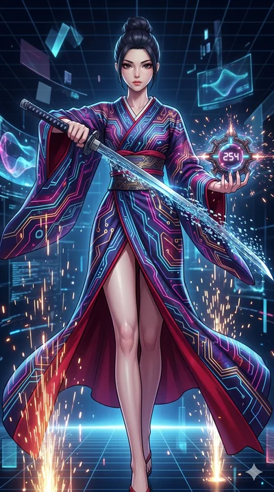 score_9, masterpiece, best quality, ultra-detailed, Set A: High-budget Anime Keyframe, Japanese woman. Low angle cowboy shot filling the entire 9:16 frame with her statuesque presence. Drawing a blade through a virtual reality void, holding a relic t