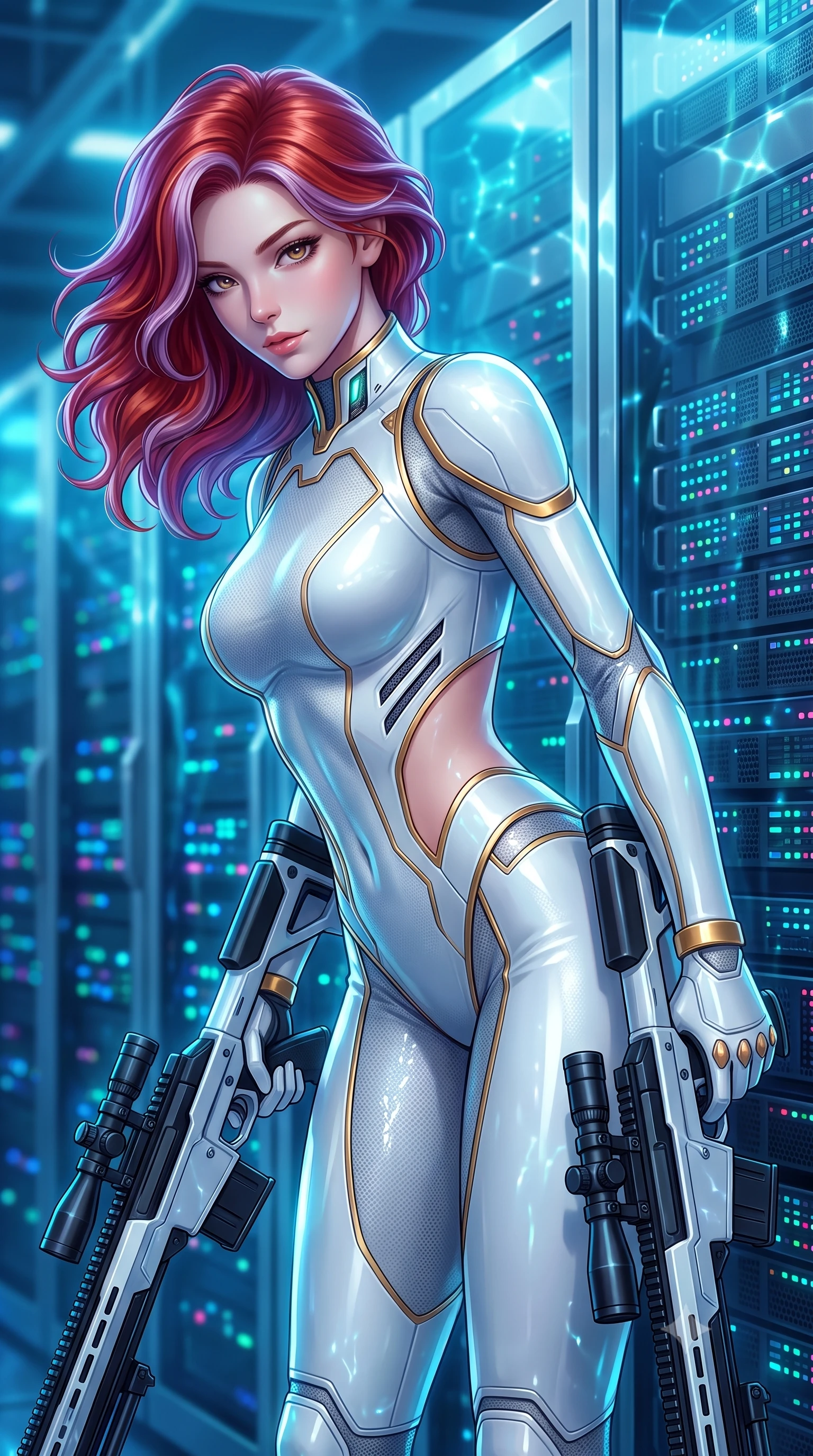 score_9, masterpiece, best quality, ultra-detailed, high-budget anime keyframe, semi-realistic 3D game render, editorial fashion photography, tasteful artistic composition, Caucasian woman. close-up cowboy shot from the waist and thighs up, the character dominates the composition, filling the frame with her large presence. stretching forward with an alluring arch of her spine, glancing over her shoulder with divine self-assurance and magnetic intensity while leaning against a glowing server bank with twin pistols lowered, glancing over her shoulder with an alluring, bedroom-eyed gaze. The composition keeps background elements in soft focus with creamy bokeh. server rack LED status lights and pressurized glass arches softened by shallow cinematic depth of field. She has an exceptionally elegant, slender, and willowy female figure with an ultra-slim waist, a gracefully sculpted slender torso, toned flat midriff, and a refined slim silhouette. sharp v-shaped jawline, high-bridge nose, intricate jewel-like eyes with depth, thick eyelashes, glossy lips with a natural sheen, flawlessly proportioned anatomical accuracy, strict slender model proportions, natural body alignment, perfectly sculpted long slender limbs, ultra-slim waistline, clean dynamic posture without body distortion. wearing a form-contouring arctic white carbon-composite battle-suit with solar gold trim and diagonal midriff vents, aiming a precision carbon-fiber railgun sniper rifle with divine focus in monochrome white enamel carbon with high-contrast black panels, tailored from flexible second-skin carbon-mesh that clings flawlessly to her athletic curves, featuring a sleek aerodynamic collar framed by subtle glowing cybernetic status LEDs, the precision-cut daring openings accentuating her delicate midriff, graceful bare collarbones, and ultra-slim feminine waistline. bathed in luminous sapphire and cyan aquatic backlighting with glittering water surface caustics. rich saturated anime colors with glowing neon highlights, detailed shading with soft gradients, rich glossy textures, high-contrast stereoscopic depth, volumetric dynamic lighting, master piece, 9:16 ratio