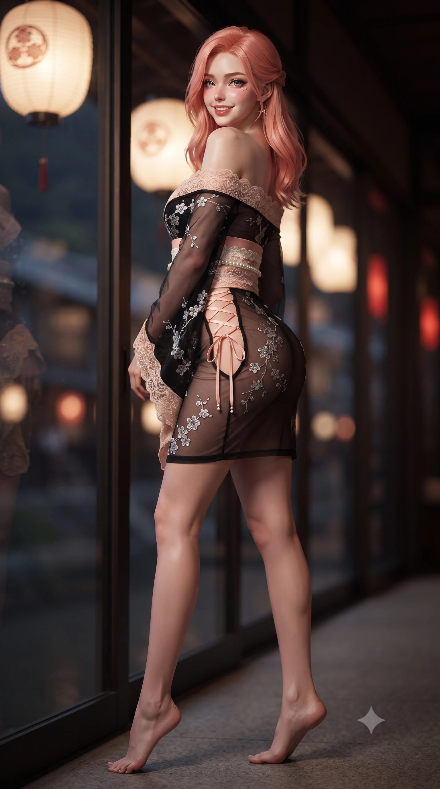 score_9, masterpiece, best quality, ultra-detailed, high-budget anime keyframe, editorial fashion photography, tasteful artistic composition, Japanese woman. low angle full-body shot from head to toe showing her feet, filling the entire 9:16 vertical frame with her statuesque presence, stretching her vertical silhouette. posing in a classic haute-couture S-curve stance beside the floor-to-ceiling window, looking over a bare shoulder with magnetic presence while twisting her slender torso in an alluring contrapposto stance, hanging red paper lanterns casting warm crimson reflections across her flat midriff. The background shows a soft-focus hanging paper lanterns softened in historic Kyoto riverfront nocturne shallow focus. She has an exceptionally tall and slender model-like 8.5-heads proportion, an ultra-slim waist, a flat toned midriff, narrow delicate ribcage, and beautifully sculpted feminine hips creating a graceful, slim hourglass silhouette without any bulky heaviness, with impossibly long slender legs. sharp v-shaped jawline, high-bridge nose, intricate jewel-like sparkling eyes with depth, thick eyelashes, glossy parted lips with a natural peach sheen, bright cheerful beaming smile with an enchanting and coquettish sensual glint, exuding both youthful cute charm and seductive allure, flawlessly proportioned anatomical accuracy, strict slender model proportions, natural body alignment, perfectly sculpted long slender limbs, ultra-slim waistline, clean dynamic posture without body distortion. wearing a provocative sheer noir illusion mesh kimono dress with embroidered silver cherry blossom motifs framing her curves in Parisian blush peach lace and ivory pearl, tailored from ultra-plush silk velvet with rich tactile depth and deep shadow gradients, featuring fine criss-cross lace-up side ties revealing tantalizing glimpses of her hip curve, the second-skin tailored fabric adhering flawlessly to her sculpted flat midriff and slender torso, emphasizing her long leg lines and perfectly proportioned willowy build. illuminated by river water specular highlights and sharp rose-gold rim lights defining her razor-sharp jawline, narrow waist, and curvy hips. ultra-reflective glossy finish, specular highlights, rich textural contrasts, high-contrast stereoscopic depth, volumetric dynamic lighting, 2k, ultra detail, master piece, 9:16 ratio