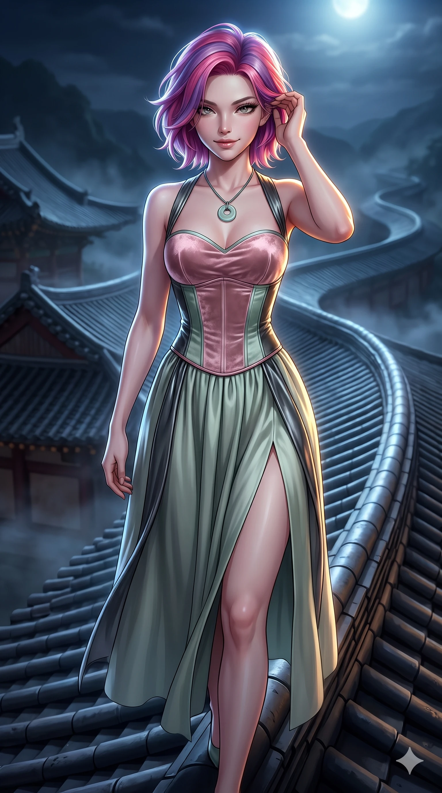 score_9, masterpiece, best quality, ultra-detailed, high-budget anime keyframe, semi-realistic 3D game render, editorial fashion photography, tasteful artistic composition, Caucasian woman. close-up cowboy shot from the waist and thighs up, the character dominates the composition, filling the frame with her large presence. gently brushing a lock of silk hair behind her ear while casting a playful, flirtatious side-gaze with long eyelashes while stepping slowly along the curved roof tiles with feline grace, hips swaying in an alluring sensual rhythm that accentuates her curvy hourglass build. The surrounding environment is rendered in vivid detail and crisp panoramic clarity: detailed liquid metallic lamé plunge jumpsuit cling, side cutouts, and monumental palace roof engineering in razor-sharp clarity. She has an exceptionally elegant, slender, and willowy female figure with an ultra-slim waist, flat toned midriff, narrow ribcage, and sculpted feminine hips creating an alluring, slim hourglass silhouette without bulk. sharp v-shaped jawline, high-bridge nose, sparkling eyes with hypnotic seductive depth, thick curled eyelashes, glossy parted lips with a natural dewy peach sheen, alluring bedroom-eyes with an enchanting coquettish smile, exuding magnetic siren charisma and sophisticated glamour, flawlessly proportioned anatomical accuracy, strict slender model proportions, natural body alignment, perfectly sculpted long slender limbs, ultra-slim waistline, clean dynamic posture without body distortion. wearing a tailored silk velvet hanbok corset top paired with an ankle-length fluid chima skirt with a thigh-high slit in soft lotus rose and morning dew sage green, made of liquid dark mercury jersey with seamless sculpting hold and fluid drape, finished with a minimalist celadon porcelain pendant on a fine silk cord, the impeccably tailored cut draping gracefully along her slender figure with aristocratic eastern poise. illuminated by moonlit valley mist upward bounce and sharp silver-topaz rim lights defining her razor-sharp jawline, narrow waist, and curvy hips. highly saturated vibrant anime colors, detailed shading with soft gradients, rich glossy textures, high-contrast stereoscopic depth, volumetric dynamic lighting, master piece, 9:16 ratio