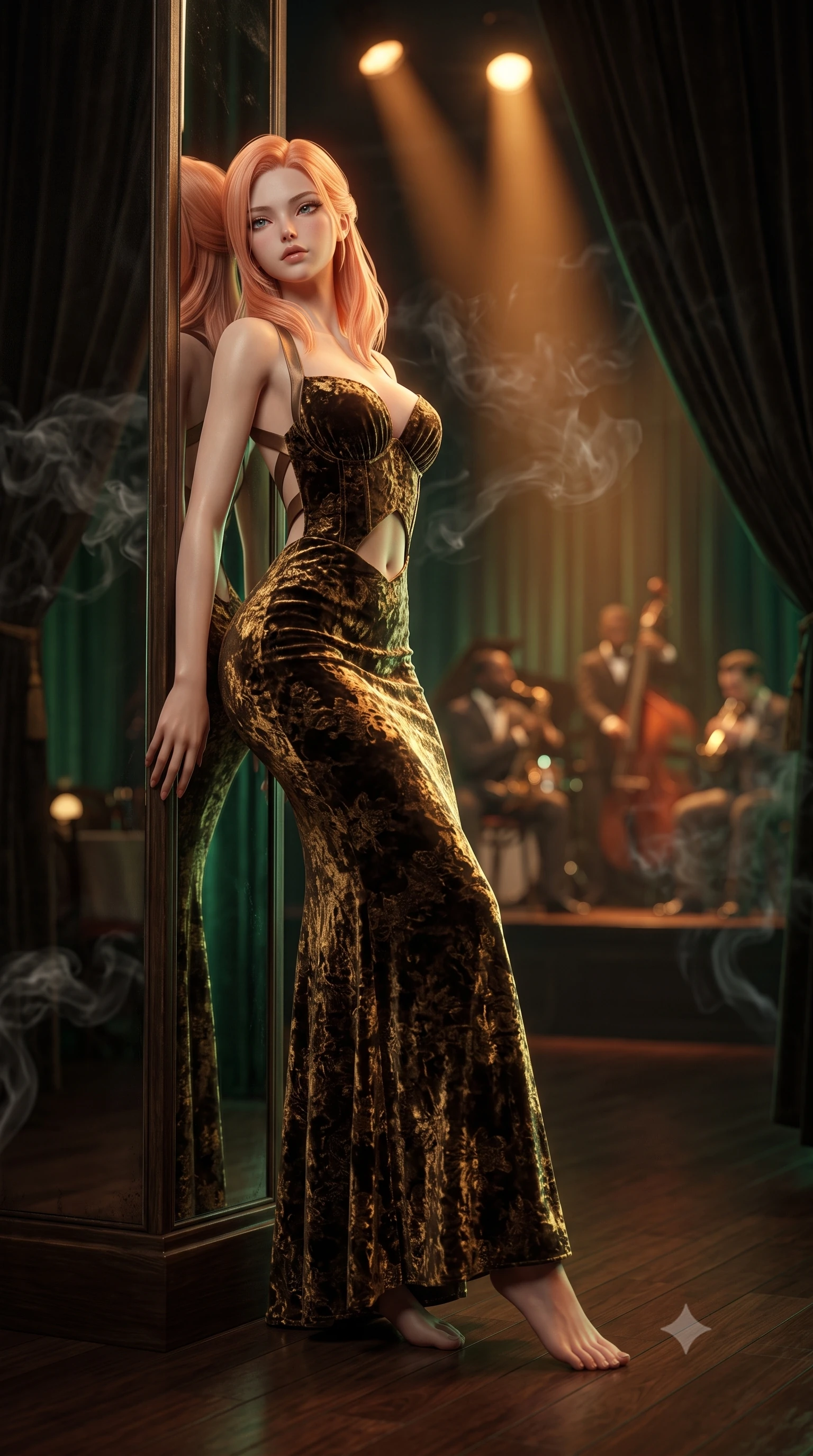 score_9, masterpiece, best quality, ultra-detailed, high-budget anime keyframe, semi-realistic 3D game render, editorial fashion photography, tasteful artistic composition, Japanese woman. low angle full-body shot from head to toe showing her feet, filling the entire 9:16 vertical frame with her statuesque presence, stretching her vertical silhouette. leaning deep against the structural architecture with hips cocked in an unapologetically bold, seductive high-fashion stance while leaning back against an antique mirrored column with hips cocked, casting a smoky, seductive bedroom-gaze past the jazz quartet. The composition keeps background elements in soft focus with creamy bokeh. drifting cigar smoke swirls and dark velvet draperies softened in moody 1930s shallow depth of field. She has an exceptionally tall and slender model-like 8.5-heads proportion, an ultra-slim waist, a flat toned midriff, narrow delicate ribcage, and beautifully sculpted feminine hips creating a graceful, slim hourglass silhouette without any bulky heaviness, with impossibly long slender legs. sharp v-shaped jawline, high-bridge nose, intricate jewel-like eyes with depth, thick eyelashes, glossy parted lips with a natural sheen, intensely captivating and seductive bedroom-eyes expression, flawlessly proportioned anatomical accuracy, strict slender model proportions, natural body alignment, perfectly sculpted long slender limbs, ultra-slim waistline, clean dynamic posture without body distortion. wearing a deep sweetheart neckline crushed velvet corseted ballgown with an exposed midriff cutout in dark espresso brown and molten gold foil, formed from shimmering floral lace over smooth opaque silk lining, finished with criss-cross back satin straps highlighting her graceful shoulder blades, the liquid-tight tailored fabric clinging flawlessly to her narrow waist and rounded feminine hips, emphasizing every millimeter of her sculpted slim hourglass curves without any bulky heaviness. bathed in warm amber incandescent spotlight beams and soft emerald velvet perimeter glow. highly saturated vibrant anime colors, detailed shading with soft gradients, rich glossy textures, high-contrast stereoscopic depth, volumetric dynamic lighting, master piece, 9:16 ratio