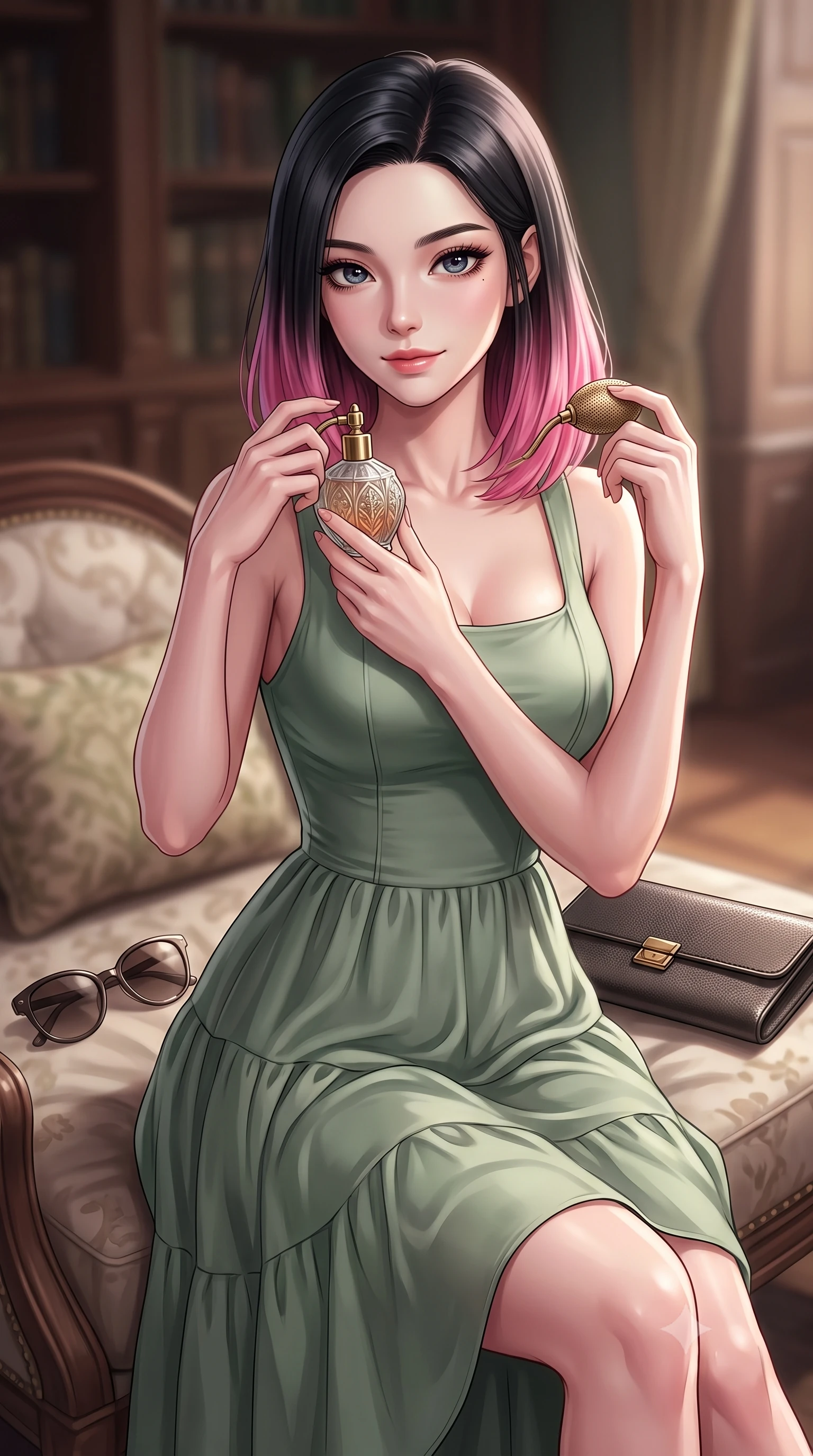 score_9, masterpiece, best quality, ultra-detailed, high-budget anime keyframe, editorial fashion photography, tasteful artistic composition, Korean woman. close-up cowboy shot from the waist and thighs up, the character dominates the composition, filling the frame with her large presence, background elements kept in soft focus. holding a vintage perfume bottle to her neck, smiling with quiet magnetic self-assurance set against a soft-focus background of inside an exclusive historic manor library with a pair of designer sunglasses and a sleek leather clutch bag on the lounger. She has an exceptionally elegant, slender, and willowy female figure with an ultra-slim waist, a gracefully sculpted slender torso, and a refined silhouette. sharp v-shaped jawline, high-bridge nose, intricate jewel-like eyes with depth, thick eyelashes, glossy lips with a natural sheen. wearing form-contouring sage green matte silk flowy linen sundress with a comfortable tiered skirt silhouette featuring refined tailored seams. accented by a single dramatic key light highlighting her statuesque posture and slim waist. highly saturated vibrant anime colors, detailed shading with soft gradients, rich glossy textures, high-contrast stereoscopic depth, volumetric dynamic lighting, master piece, 9:16 ratio