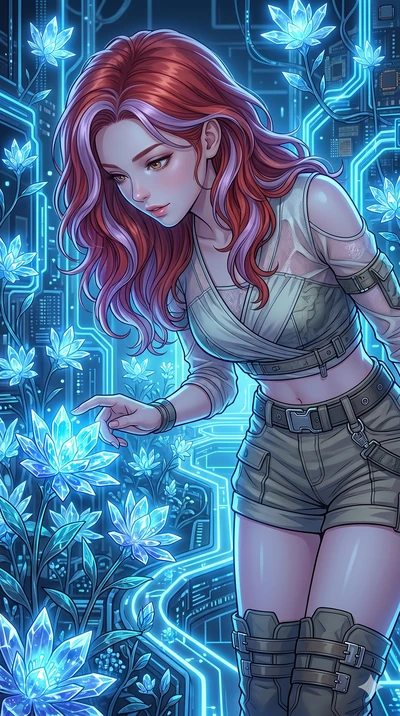 score_9, masterpiece, best quality, ultra-detailed, high-budget anime keyframe, Caucasian woman, strictly human ears. Upper body close-up from the thighs up, character filling the screen for maximum presence. Inside a digital garden with glowing crys