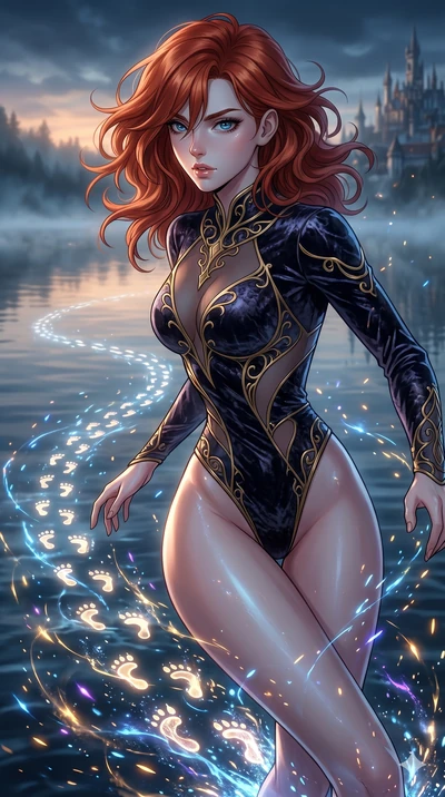 score_9, masterpiece, best quality, ultra-detailed, Set A: High-budget Anime Keyframe, Caucasian (strictly human ears) woman. Upper body close-up from the thighs up, character filling the screen for maximum presence. Sliding through a misty lakeside 