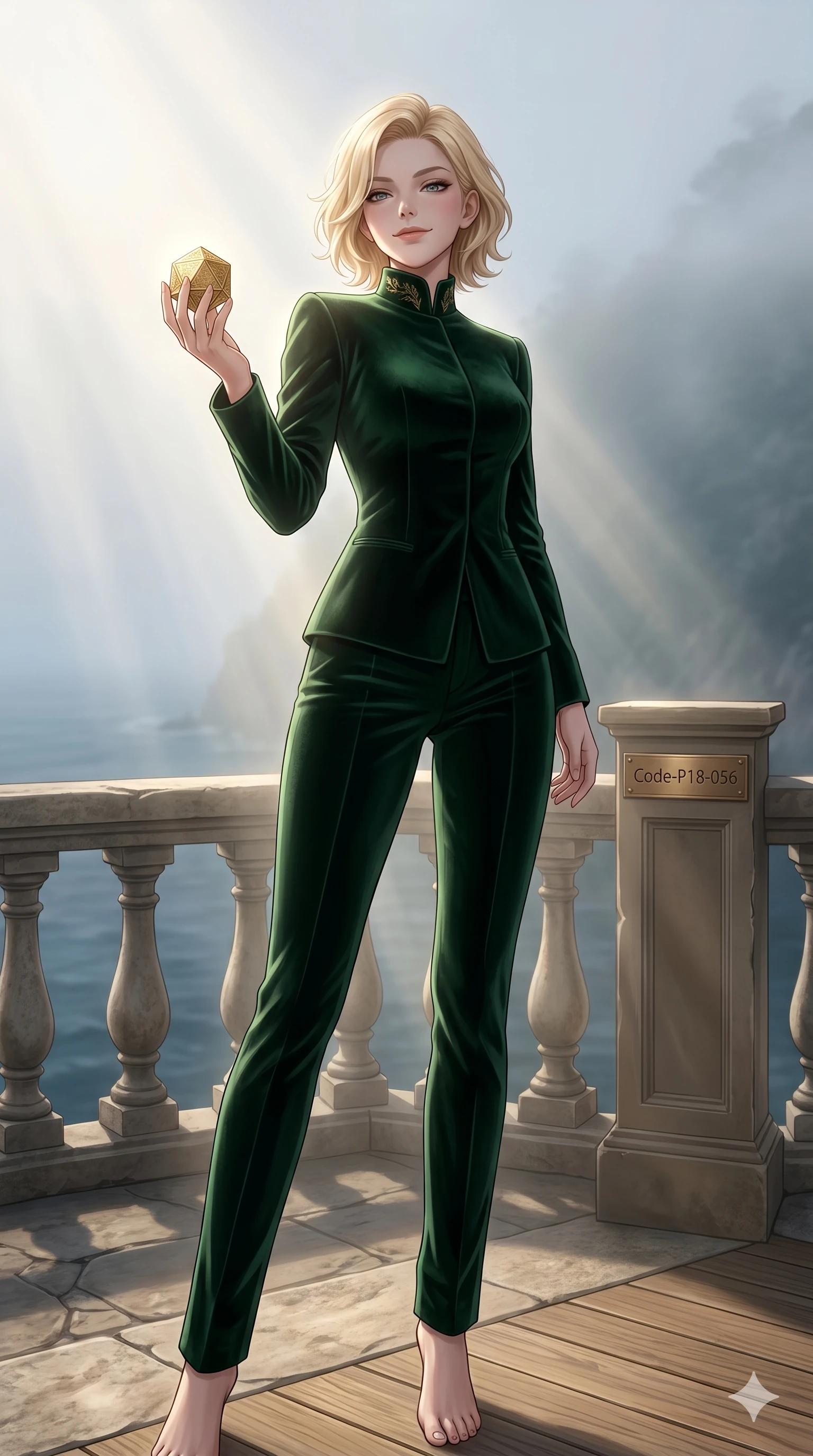 score_9, masterpiece, best quality, ultra-detailed, high-budget anime keyframe, editorial fashion photography, tasteful artistic composition, Caucasian woman, strictly human ears. low angle full-body shot from head to toe showing her feet, filling the entire 9:16 vertical frame with her statuesque presence, stretching her vertical silhouette. holding a small golden polyhedron, looking down with a serene and powerful smile on a private sun-deck of a cliffside retreat overlooking the deep sea (Code-P18-056). She has an absolutely perfect 8-heads proportion, an exceptionally tall and slender female figure with impossibly long slender legs and an ultra-slim waist. V-shaped jawline, high-bridge nose, intricate jewel-like eyes with depth, thick eyelashes, glossy lips with a natural sheen. wearing a tailored velvet high-neck blazer with matching pants. soft morning sunbeams filtering through the mist, creating a soft glowing aura. 2k, ultra detail, master piece, 9:16 ratio