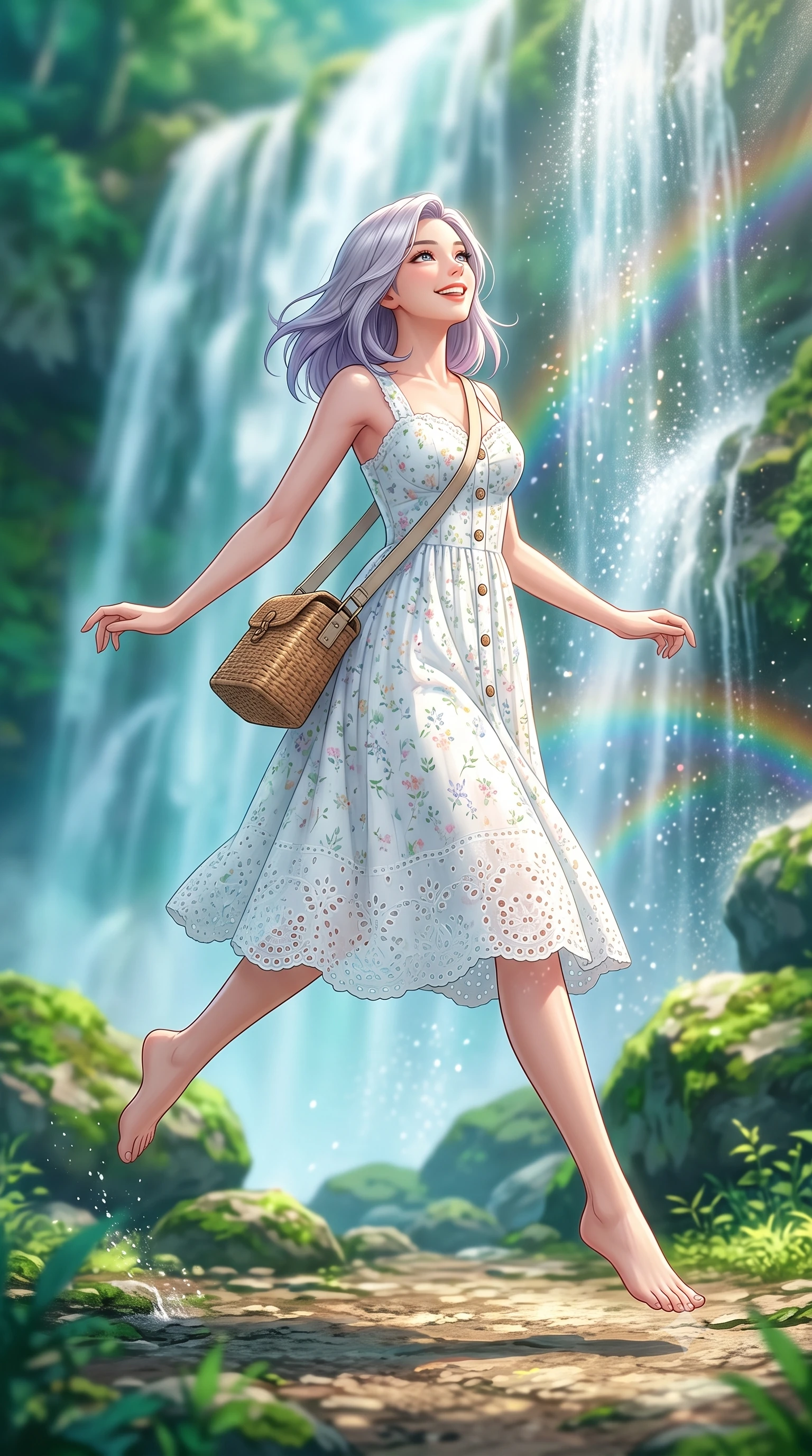 score_9, masterpiece, best quality, ultra-detailed, high-budget anime keyframe, semi-realistic 3D game render, editorial fashion photography, tasteful artistic composition, Caucasian woman. low angle full-body shot from head to toe showing her feet, filling the entire 9:16 vertical frame with her statuesque presence, stretching her vertical silhouette. leaping with lighthearted youthful energy across the natural path with a dazzling bright smile and balanced athletic poise while looking up at the shimmering waterfall with wonder and joy, water spray catching miniature rainbows in the sunlight. The composition keeps background elements in soft focus with creamy bokeh. cascading white water ribbons and emerald mossy boulders blurred into lush turquoise, jade, and crystal bokeh. She has an absolutely perfect, statuesque 8.5-heads proportion, an exceptionally tall and slender model-like female figure with impossibly long slender legs, a toned flat midriff, and an ultra-slim waist. sharp v-shaped jawline, high-bridge nose, intricate jewel-like eyes with depth, thick eyelashes, glossy lips with a natural sheen, pure and lovely fresh girlhood expression, flawlessly proportioned anatomical accuracy, strict slender model proportions, natural body alignment, perfectly sculpted long slender limbs, ultra-slim waistline, clean dynamic posture without body distortion. wearing an airy eyelet lace cotton midi dress with a sweetheart neckline and wooden front buttons in fresh alpine white with subtle pastel floral accents, tailored from crisp organic cotton poplin, accessorized with a rustic woven wicker bag and canvas strap, the body-hugging lightweight knit clinging delicately to her slender torso, accentuating her graceful neck and feminine lines. illuminated by soft emerald forest bounce light accentuating her natural beauty and lovely outfit. highly saturated vibrant anime colors, detailed shading with soft gradients, rich glossy textures, high-contrast stereoscopic depth, volumetric dynamic lighting, master piece, 9:16 ratio