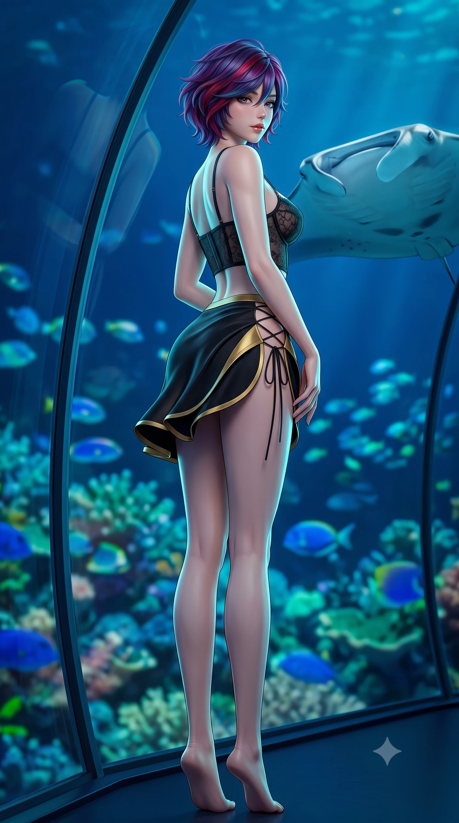 score_9, masterpiece, best quality, ultra-detailed, high-budget anime keyframe, semi-realistic 3D game render, editorial fashion photography, tasteful artistic composition, Korean woman. low angle full-body shot from head to toe showing her feet, filling the entire 9:16 vertical frame with her statuesque presence, stretching her vertical silhouette. executing a slow, graceful pivot turn as her skirt sways around her slender legs, glancing back with an enchanting, teasing sensual expression while leaning against the massive curved acrylic window with hips cocked back, looking through deep blue water as a giant manta ray glides past with bedroom-eyes. The background shows a soft-focus vibrant tropical coral reef gardens outside, schools of iridescent reef fish swimming past, and deep ocean twilight blurred into cobalt, aquamarine, and emerald bokeh. She has an absolutely perfect, statuesque 8.5-heads proportion, an exceptionally tall and slender model-like female figure with impossibly long slender legs, an ultra-slim waist, a flat toned midriff, narrow delicate ribcage, and beautifully sculpted feminine hips creating a graceful, slim hourglass silhouette without any bulky heaviness. sharp v-shaped jawline, high-bridge nose, sparkling eyes with hypnotic seductive depth, thick curled eyelashes, glossy parted lips with a natural dewy peach sheen, alluring bedroom-eyes with an enchanting coquettish smile, exuding magnetic siren charisma and sophisticated glamour, flawlessly proportioned anatomical accuracy, strict slender model proportions, natural body alignment, perfectly sculpted long slender limbs, ultra-slim waistline, clean dynamic posture without body distortion. wearing a sculpted underwire demi-bustier in semi-sheer lace paired with an ultra-short draped tulip skirt in Shanghai Art Deco black and polished brass gold, tailored from fine structural neoprene with crisp architectural edges and smooth contouring, featuring fine criss-cross lace-up side ties revealing tantalizing glimpses of her hip curve, the second-skin tailored fabric adhering flawlessly to her sculpted flat midriff and slender torso, emphasizing her long leg lines and perfectly proportioned willowy build. illuminated by dome acrylic reflection fill and sharp electric-cyan rim lights sculpting her jawline, flat midriff, and voluptuous hip curves. highly saturated vibrant anime colors, detailed shading with soft gradients, rich glossy textures, high-contrast stereoscopic depth, volumetric dynamic lighting, master piece, 9:16 ratio