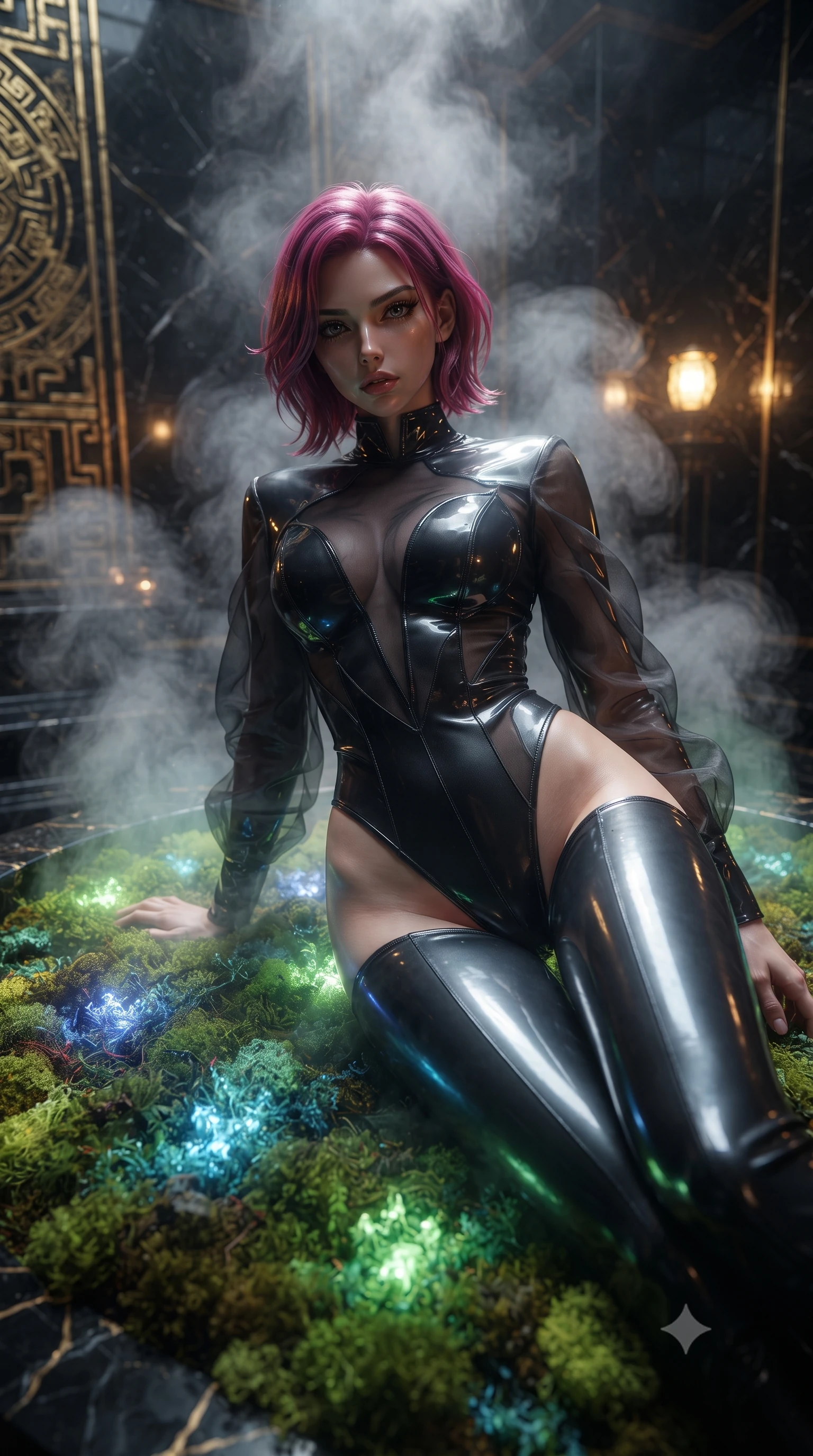 score_9, masterpiece, best quality, ultra-detailed, High-budget Anime Keyframe, editorial fashion photography, tasteful artistic composition, realistic cosplay photography, Caucasian woman, strictly human ears. Low angle cowboy shot filling the entire 9:16 frame with her statuesque presence. Scenario 315: lying gracefully on a bed of bioluminescent moss inside a steam-filled bathhouse built of black obsidian stone and gold accents. Her presence is magnetic and overpowering in this high-budget cinematic scene. Outfit 315: a tailored patent leather second with a high-cut leg line and translucent layers. The clothing is designed to emphasize her exceptionally tall and slender 8-heads proportion. 8-heads proportion, towering silhouette, ultra-slim waist. sharp v-shaped jawline, intricate jewel-like eyes with depth, thick eyelashes, glossy lips. ultra-reflective glossy finish, specular highlights, metallic sheen, high-contrast stereoscopic depth, volumetric dynamic lighting, 2k, ultra detail, master piece, 9:16 ratio