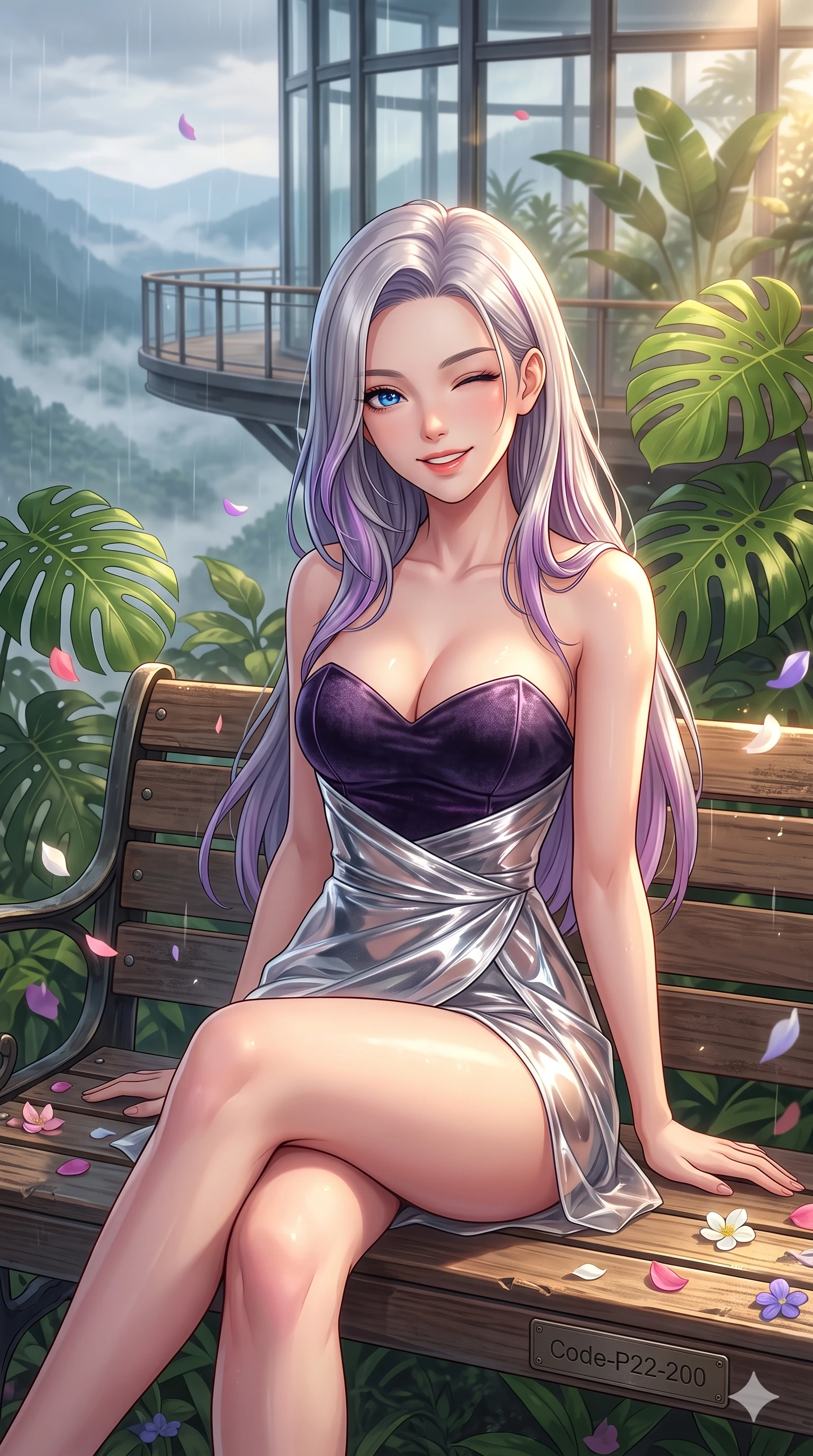 score_9, masterpiece, best quality, ultra-detailed, high-budget anime keyframe, vibrant anime aesthetic, Caucasian woman, strictly human ears. close-up cowboy shot from the waist and thighs up, the character dominates the composition, filling the frame with her large presence, background elements kept in soft focus. She is sitting on a vintage bench, winking with a playful and bright expression, her eyes shining with genuine joy surrounded by delicate flower petals. the background shows a soft-focus floating observation deck of a nature center conservatory, overlooking a misty rainy valley (Code-P22-200). She has an absolutely perfect proportion, an exceptionally elegant and slender female figure with an ultra-slim waist. V-shaped jawline, high-bridge nose, intricate jewel-like eyes with depth, thick eyelashes, glossy lips with a natural sheen. wearing a structured velvet bodice with a sweetheart neckline combined with a delicate wrap in silver metallic and translucent gloss. She is drenched in warm, golden afternoon sunbeams filtering through dense green monstera leaves, creating a cinematic, high-budget anime lighting effect under the glass dome roof. 2k, ultra detail, master piece, 9:16 ratio