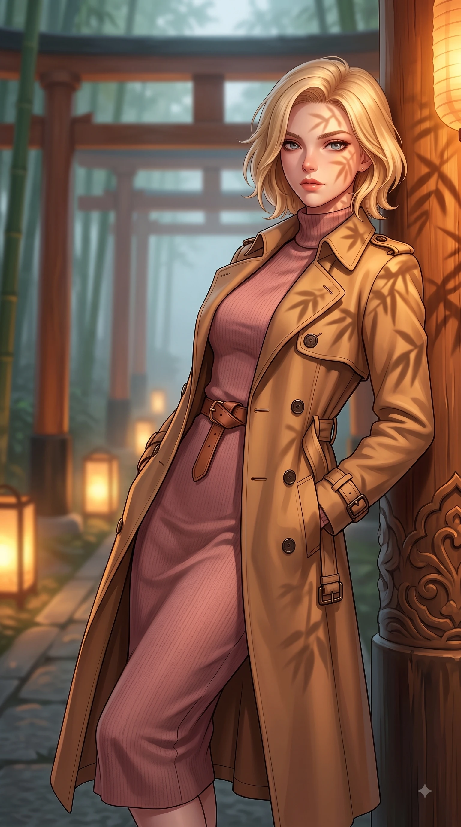 score_9, masterpiece, best quality, ultra-detailed, high-budget anime keyframe, editorial fashion photography, tasteful artistic composition, Caucasian woman woman. close-up cowboy shot from the waist and thighs up, the character dominates the composition, filling the frame with her large presence, background elements kept in soft focus. She has an exceptionally elegant, slender, and willowy female figure with an ultra-slim waist, a gracefully sculpted slender torso, and a refined silhouette. leaning back effortlessly against the surrounding architecture with an air of magnetic superiority, flawlessly proportioned anatomical accuracy, natural body alignment, perfectly sculpted elegant limbs, clean dynamic posture without body distortion. set against a soft-focus background of a misty bamboo torii shrine path with glowing paper lanterns. wearing a classic tailored trench coat over a high-neck dusty rose knit midi dress. bathed in warm amber lantern light casting soft organic bamboo leaf stencil shadows. highly saturated vibrant anime colors, detailed shading with soft gradients, rich glossy textures, high-contrast stereoscopic depth, volumetric dynamic lighting, master piece, 9:16 ratio