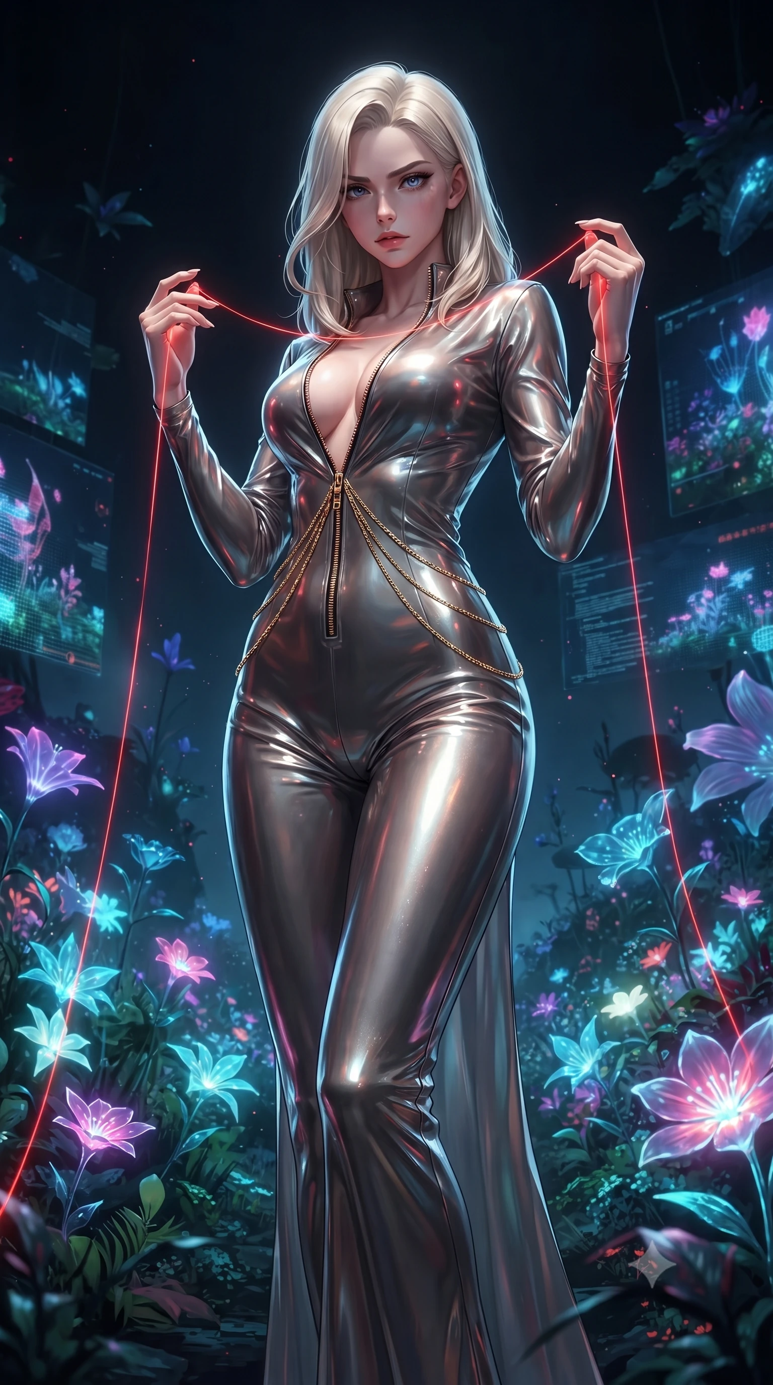 score_9, masterpiece, best quality, ultra-detailed, High-budget Anime Keyframe, editorial fashion photography, tasteful artistic composition, realistic cosplay photography, Caucasian woman, strictly human ears. Low angle cowboy shot filling the entire 9:16 frame with her statuesque presence. Scenario 369: tracing a glowing red thread of fate with her fingers in a virtual garden where neon flowers bloom in the dark. Her presence is magnetic and overpowering in this high-budget cinematic scene. Outfit 369: a form-contouring shimmering chiffon liquid with a unzipped detail and fine gold chains. The clothing is designed to emphasize her exceptionally tall and slender 8-heads proportion. 8-heads proportion, towering silhouette, ultra-slim waist. sharp v-shaped jawline, intricate jewel-like eyes with depth, thick eyelashes, glossy lips. ultra-reflective glossy finish, specular highlights, metallic sheen, high-contrast stereoscopic depth, volumetric dynamic lighting, 2k, ultra detail, master piece, 9:16 ratio