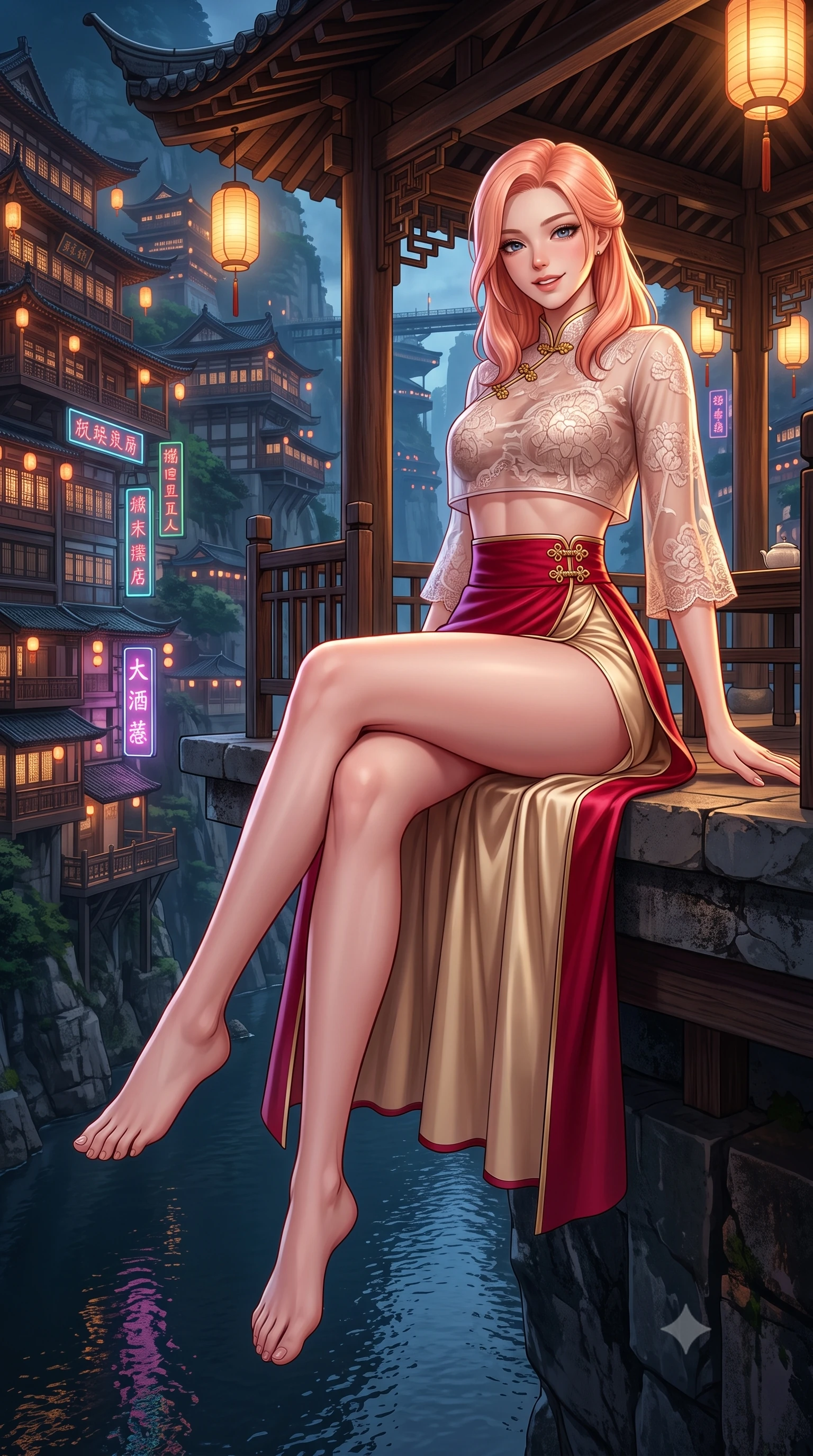 score_9, masterpiece, best quality, ultra-detailed, high-budget anime keyframe, semi-realistic 3D game render, editorial fashion photography, tasteful artistic composition, Japanese woman. low angle full-body shot from head to toe showing her feet, filling the entire 9:16 vertical frame with her statuesque presence, stretching her vertical silhouette. sitting perched on the elevated pavilion terrace edge with legs crossed and hips angled toward the camera, displaying her toned midriff and long slender limbs with joyful, coquettish charm while lounging in a private tea lounge booth with legs crossed, her high-slit silk dress commanding the futuristic Spirited-Away-style cliffside view. The surrounding environment is rendered in vivid detail and crisp panoramic clarity: detailed brocade gown sheen, lantern specular highlights on skin, and Chongqing cliffside architecture in high resolution. She has an absolutely perfect, statuesque 8.5-heads proportion, an exceptionally tall and slender model-like female figure with impossibly long slender legs, an ultra-slim waist, a flat toned midriff, narrow delicate ribcage, and beautifully sculpted feminine hips creating a graceful, slim hourglass silhouette without any bulky heaviness. sharp v-shaped jawline, high-bridge nose, intricate jewel-like dark sparkling almond eyes with depth, thick lashes, glossy parted lips with a natural rose-plum sheen, bright alluring and coquettish smile with bedroom-eyes, exuding both timeless oriental elegance and sovereign high-fashion allure, flawlessly proportioned anatomical accuracy, strict slender model proportions, natural body alignment, perfectly sculpted long slender limbs, ultra-slim waistline, clean dynamic posture without body distortion. wearing a cropped semi-sheer silk organza jeogori top paired with an ultra-high-waisted wrapped chima skirt featuring a dramatic thigh-high side slit in royal crimson red and lustrous champagne gold, woven from delicate semi-opaque floral lace with oriental peony patterns, accented with intricate gold frog buttons and a delicate mandarin collar, the high-waisted wrap tailoring accentuating her ultra-slim waistline and the enchanting curve of her feminine hips with alluring oriental charm. illuminated by dark river surface reflection bounce and sharp gold rim lighting sculpting her razor-sharp jawline, narrow waist, and curvy hips. highly saturated vibrant anime colors, detailed shading with soft gradients, rich glossy textures, high-contrast stereoscopic depth, volumetric dynamic lighting, master piece, 9:16 ratio
