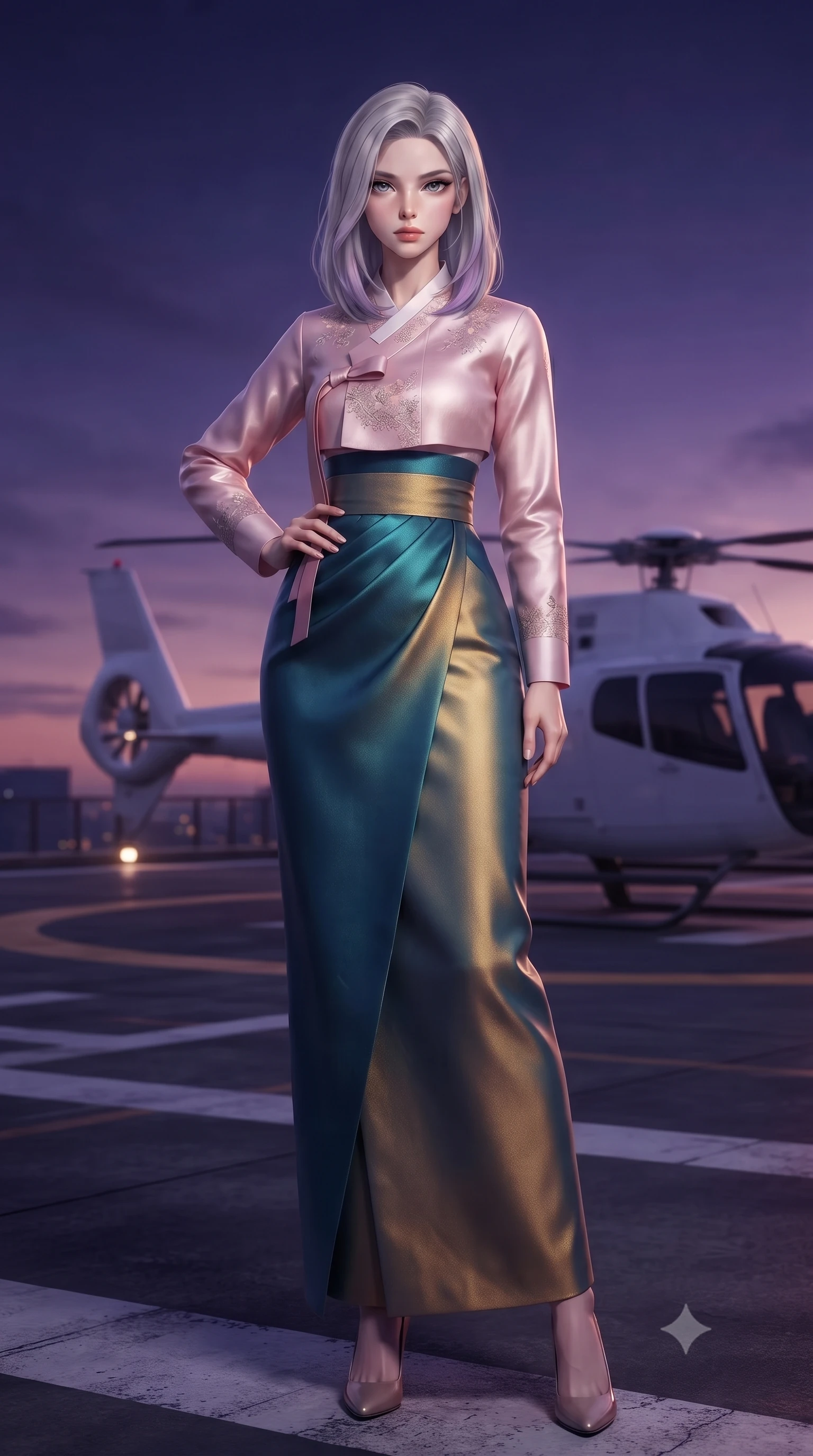 score_9, masterpiece, best quality, ultra-detailed, high-budget anime keyframe, editorial fashion photography, tasteful artistic composition, Caucasian woman. low angle full-body shot from head to toe showing her feet, filling the entire 9:16 vertical frame with her statuesque presence, stretching her vertical silhouette. posing confidently with one hand on her hip, stretching her statuesque body to emphasize her curves the background shows a soft-focus a high-rise rooftop helipad with a sleek white helicopter during a dramatic dusk. She has an absolutely perfect, statuesque 8.5-heads proportion, an exceptionally tall and slender model-like female figure with impossibly long slender legs and an ultra-slim waist. sharp v-shaped jawline, high-bridge nose, intricate jewel-like eyes with depth, thick eyelashes, glossy lips with a natural sheen. wearing a body-hugging modern fusion hanbok jeogori in light pink silk, paired with a high-waisted wrap skirt. the deep violet and orange twilight sky casting a majestic glow over the tarmac. ultra-reflective glossy finish, specular highlights, metallic sheen, high-contrast stereoscopic depth, volumetric dynamic lighting, 2k, ultra detail, master piece, 9:16 ratio