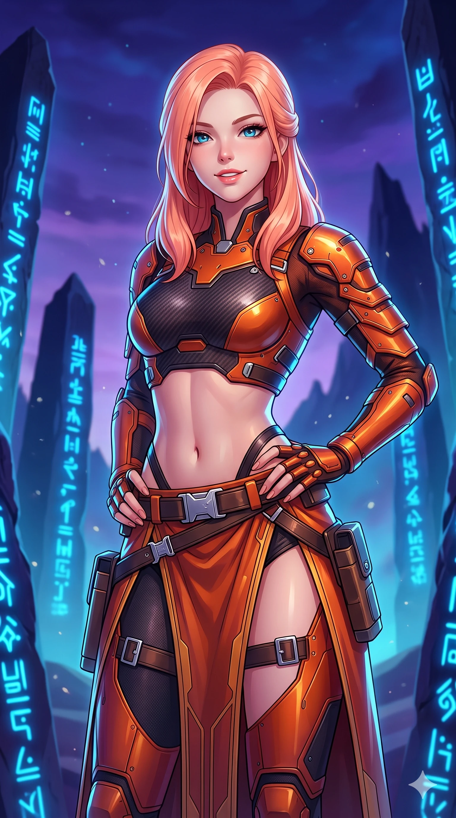 score_9, masterpiece, best quality, ultra-detailed, high-budget anime keyframe, semi-realistic 3D game render, editorial fashion photography, tasteful artistic composition, Japanese woman. close-up cowboy shot from the waist and thighs up, the character dominates the composition, filling the frame with her large presence. resting both hands lightly on her tactical utility belt, arching her spine to highlight her narrow waist, flat midriff, and breathtaking collarbones while standing poised amidst a circle of towering monolith spires etched with pulsing blue alien glyphs, arching her spine with dancer-like elegance. The background shows a soft-focus pulsing blue luminescent alien hieroglyphs, floating dust motes, and distant jagged obsidian mountain silhouettes blurred into sapphire, cyan, and deep indigo bokeh. She has an exceptionally elegant, slender, and willowy female figure with an ultra-slim waist, flat toned midriff, narrow ribcage, and sculpted feminine hips creating an alluring, slim hourglass silhouette without bulk. sharp v-shaped jawline, high-bridge nose, intricate jewel-like sparkling eyes with depth, thick eyelashes, glossy parted lips with a natural sheen, bright confident smile with an enchanting and coquettish sensual glint, exuding both youthful magnetic charm and sovereign high-tech allure, flawlessly proportioned anatomical accuracy, strict slender model proportions, natural body alignment, perfectly sculpted long slender limbs, ultra-slim waistline, clean dynamic posture without body distortion. wearing a cyber-samurai tactical suit featuring a shortened carbon chestplate and high-slit armored wrap skirt in fiery geothermal copper and molten amber glow, made of flexible bullet-resistant ballistic microfiber with high-tensile strength, finished with polished chrome buckle hardware and modular magnetic holster clasps, the impeccably tailored cut draping gracefully along her slender figure with aristocratic poise. bathed in the serene glowing cyan-blue light of the alien glyphs contrasting with the deep purple ambient twilight of the desert sky. highly saturated vibrant anime colors, detailed shading with soft gradients, rich glossy textures, high-contrast stereoscopic depth, volumetric dynamic lighting, master piece, 9:16 ratio