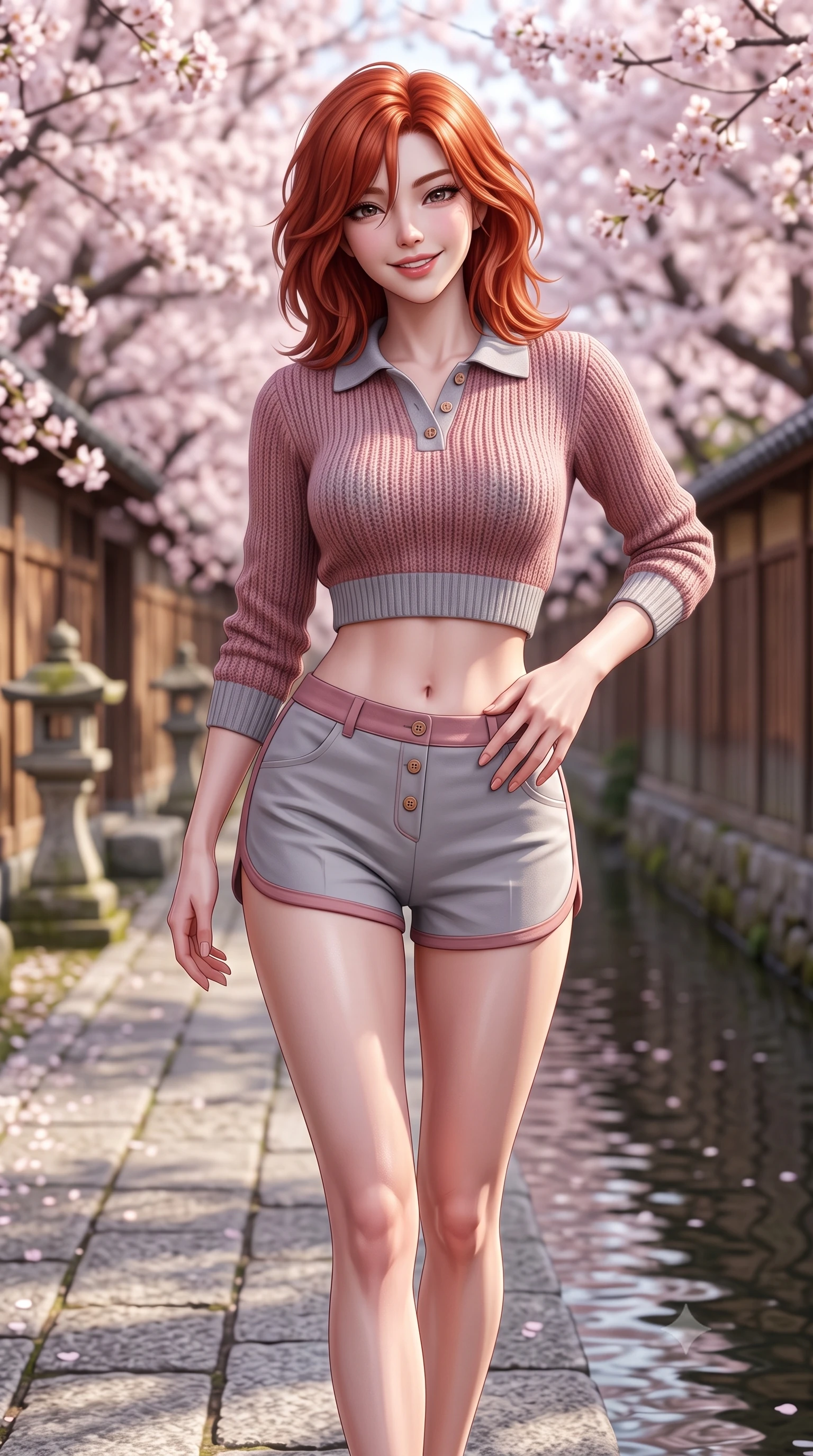 score_9, masterpiece, best quality, ultra-detailed, high-budget anime keyframe, semi-realistic 3D game render, editorial fashion photography, tasteful artistic composition, Korean woman. close-up cowboy shot from the waist and thighs up, the character dominates the composition, filling the frame with her large presence. tilting her head with a cute beaming smile while arching her spine with effortless dancer poise, one hand sliding along her hip line in a flirtatious S-curve while walking gracefully along the stone canal pathway beneath hundreds of blooming cherry trees, arching her lower back with a bright, charming smile. The composition keeps background elements in soft focus with dreamy creamy bokeh. traditional wooden teahouse walls and stone moss lanterns softened in tranquil Kyoto shallow focus. She has an exceptionally elegant, slender, and willowy female figure with an ultra-slim waist, flat toned midriff, narrow ribcage, and sculpted feminine hips creating an alluring, slim hourglass silhouette without bulk. sharp v-shaped jawline, high-bridge nose, intricate jewel-like sparkling eyes with depth, thick eyelashes, glossy parted lips with a natural peach sheen, bright cheerful beaming smile with an enchanting and coquettish sensual glint, exuding both youthful cute charm and seductive allure, flawlessly proportioned anatomical accuracy, strict slender model proportions, natural body alignment, perfectly sculpted long slender limbs, ultra-slim waistline, clean dynamic posture without body distortion. wearing a cropped knitted polo sweater paired with high-cut tailored tennis shorts hugging her rounded hips in dusty rose and soft dove grey, tailored from crisp cotton poplin with clean structural lines, finished with neat front wooden buttons and delicate pocket details, the glove-like silhouette tightly following the natural contour of her hips and long slender legs with youthful 8.5-heads elegance. illuminated by calm water reflections sharply sculpting her sculpted cheekbones, ultra-slim waist, and curvy hips. highly saturated vibrant anime colors, detailed shading with soft gradients, rich glossy textures, high-contrast stereoscopic depth, volumetric dynamic lighting, master piece, 9:16 ratio
