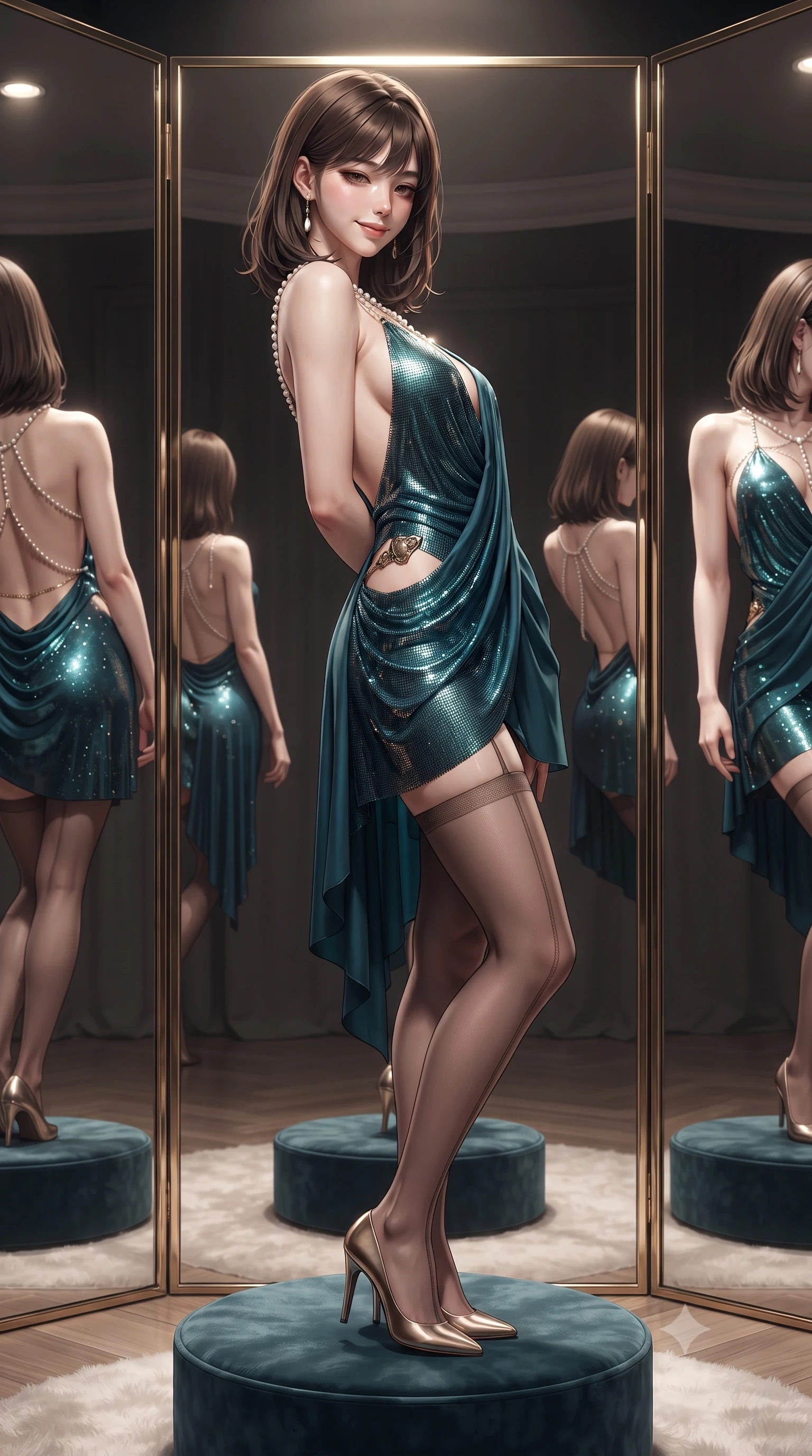 score_9, masterpiece, best quality, ultra-detailed, high-budget anime keyframe, editorial fashion photography, tasteful artistic composition, Korean woman. close-up cowboy shot from the waist and thighs up, the character dominates the composition, filling the frame with her large presence. leaning back against the balustrade with relaxed seductive grace, head tilted back slightly while casting a hypnotic, heavy-lidded gaze while standing poised on the circular velvet fitting pedestal between floor-to-ceiling trifold mirrors, arching her back with supreme haute couture grace. The surrounding environment is rendered in vivid detail and crisp panoramic clarity: detailed boned satin corset bodice lacing, sheer stocking seam lines, and luxury atelier craftsmanship in high resolution. She has an exceptionally elegant, slender, and willowy female figure with an ultra-slim waist, flat toned midriff, narrow ribcage, and sculpted feminine hips creating an alluring, slim hourglass silhouette without bulk. sharp v-shaped jawline, high-bridge nose, sparkling eyes with hypnotic seductive depth, thick curled eyelashes, glossy parted lips with a natural dewy peach sheen, alluring bedroom-eyes with an enchanting coquettish smile, exuding magnetic siren charisma and sophisticated glamour, flawlessly proportioned anatomical accuracy, strict slender model proportions, natural body alignment, perfectly sculpted long slender limbs, ultra-slim waistline, clean dynamic posture without body distortion. wearing a draped Greek-goddess style silk chiffon mini toga dress with an open back and golden hip fibula in deep peacock teal and burnished antique brass, crafted from shimmering fluid chainmail mesh reflecting ambient lights, accented with a pearl-drop body harness subtly framing her dewy collarbones and spine, the high-slit wrap tailoring accentuating her ultra-slim waistline and the enchanting curve of her feminine hips with alluring seductive charm. illuminated by mirror reflection bounce and sharp platinum-gold rim lights defining her delicate clavicles, narrow waist, and curvy hips. ultra-reflective glossy finish, specular highlights, rich textural contrasts, high-contrast stereoscopic depth, volumetric dynamic lighting, 2k, ultra detail, master piece, 9:16 ratio