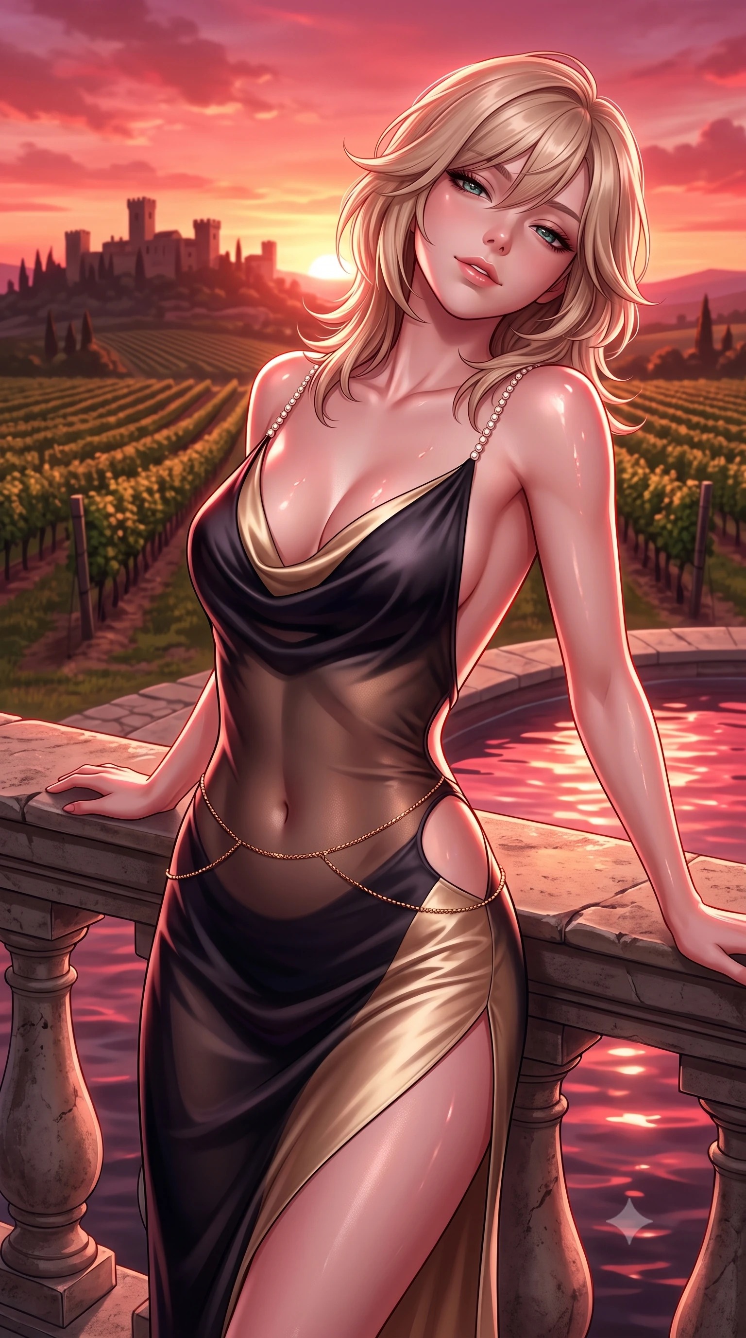 score_9, masterpiece, best quality, ultra-detailed, high-budget anime keyframe, semi-realistic 3D game render, editorial fashion photography, tasteful artistic composition, Japanese woman. close-up cowboy shot from the waist and thighs up, the character dominates the composition, filling the frame with her large presence. leaning back against the balustrade with relaxed seductive grace, head tilted back slightly while casting a hypnotic, heavy-lidded gaze while twisting her slender torso in an alluring S-curve, crimson and gold water reflections dancing across her bare shoulders, flat midriff, and hips. The background shows a soft-focus lush Sangiovese vineyard rows stretching to the horizon, ancient hilltop castle silhouettes, and fiery crimson sunset sky blurred into rose-gold, burgundy, and violet bokeh. She has an exceptionally elegant, slender, and willowy female figure with an ultra-slim waist, flat toned midriff, narrow ribcage, and sculpted feminine hips creating an alluring, slim hourglass silhouette without bulk. sharp v-shaped jawline, high-bridge nose, sparkling eyes with hypnotic seductive depth, thick curled eyelashes, glossy parted lips with a natural dewy peach sheen, alluring bedroom-eyes with an enchanting coquettish smile, exuding magnetic siren charisma and sophisticated glamour, flawlessly proportioned anatomical accuracy, strict slender model proportions, natural body alignment, perfectly sculpted long slender limbs, ultra-slim waistline, clean dynamic posture without body distortion. wearing a plunging cowl-neck liquid silk satin slip gown with daring hip-high slit and delicate pearl spaghetti straps in midnight obsidian black and liquid champagne gold, made of semi-opaque stretch illusion mesh with soft shadowy contours, accented with a dainty gold belly chain resting across her flat midriff and curving hips, the precision-cut side openings and low-back scoop framing her graceful spine and the sensual sweep of her slim, toned hips. illuminated by pool water specular reflections and sharp rose-gold rim lights defining her delicate clavicles, ultra-slim waist, and curvy hips. highly saturated vibrant anime colors, detailed shading with soft gradients, rich glossy textures, high-contrast stereoscopic depth, volumetric dynamic lighting, master piece, 9:16 ratio