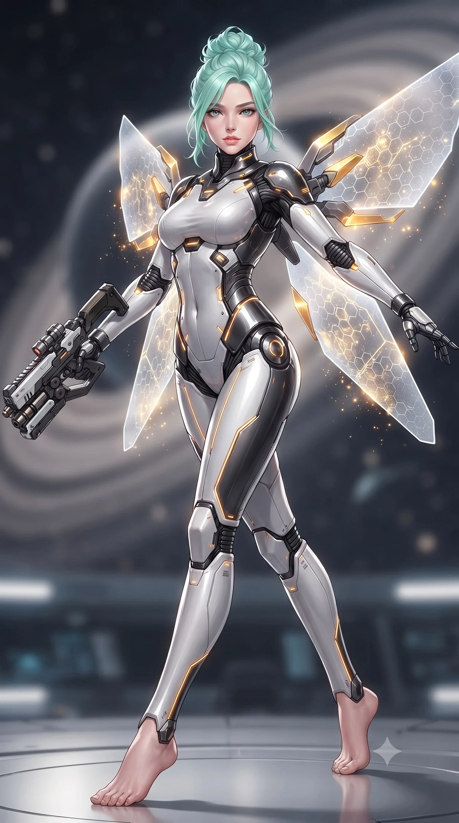 score_9, masterpiece, best quality, ultra-detailed, high-budget anime keyframe, editorial fashion photography, tasteful artistic composition, Japanese woman. low angle full-body shot from head to toe showing her feet, filling the entire 9:16 vertical frame with her statuesque presence, stretching her vertical silhouette. striding forward with commanding supermodel grace, weapon held at the ready, her 8.5-heads statuesque silhouette dominating the vertical frame from head to toe while pivoting dynamically in zero-gravity with arms outstretched as the translucent energy shields pulse with golden particle light. The composition keeps background elements in soft focus with creamy bokeh. gravitational containment rings and starship bridge architecture softened in smooth cosmic depth. She has an absolutely perfect, statuesque 8.5-heads proportion, an exceptionally tall and slender model-like female figure with impossibly long slender legs, a toned flat midriff, and an ultra-slim waist. sharp v-shaped jawline, high-bridge nose, intricate jewel-like eyes with depth, thick eyelashes, glossy lips with a natural sheen, flawlessly proportioned anatomical accuracy, strict slender model proportions, natural body alignment, perfectly sculpted long slender limbs, ultra-slim waistline, clean dynamic posture without body distortion. wearing a high-contrast monochrome white-and-black carbon-composite exoskeleton suit with glowing amber circuitry, deploying floating hexagonal holographic energy shields with sovereign grace in arctic white carbon composite with radiant solar gold plating, crafted from ultra-strong woven carbon-fiber composite with a satin luster, featuring a sleek aerodynamic collar framed by subtle glowing cybernetic status LEDs, the sleek second-skin cut tightly hugging her graceful clavicle, narrow waist, and feminine curves with athletic precision. illuminated by intense directional rim lights sharply defining her ultra-slim waist, long legs, and flat midriff. ultra-reflective glossy finish, specular highlights, dark metallic sheen, high-contrast stereoscopic depth, volumetric dynamic lighting, 2k, ultra detail, master piece, 9:16 ratio