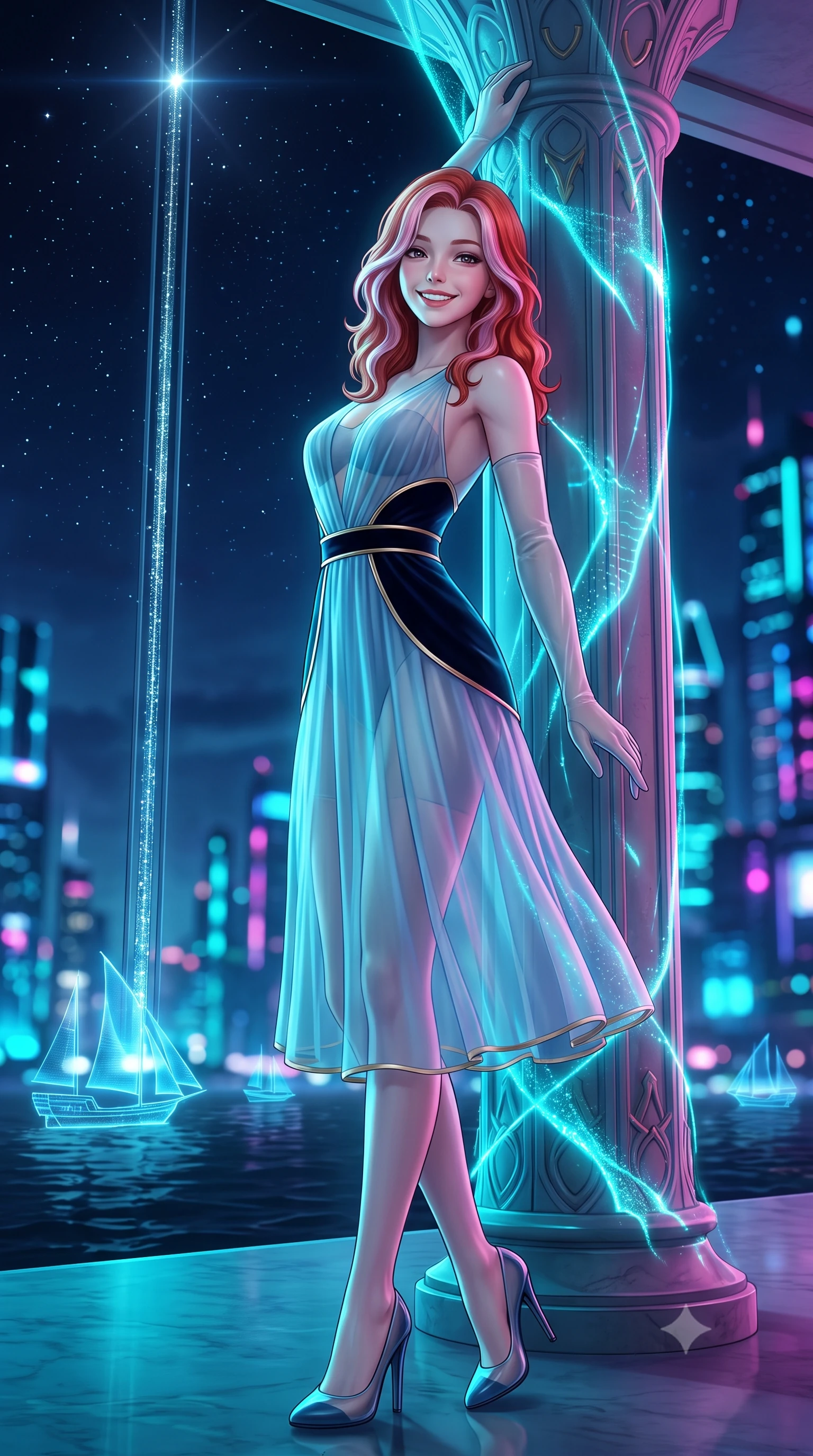 score_9, masterpiece, best quality, ultra-detailed, high-budget anime keyframe, semi-realistic 3D game render, editorial fashion photography, tasteful artistic composition, Caucasian woman. low angle full-body shot from head to toe showing her feet, filling the entire 9:16 vertical frame with her statuesque presence, stretching her vertical silhouette. standing tall beside the architectural column, one hand resting high while arching her lower back to emphasize her sculpted feminine hips and slender waist while twisting her slender torso in an alluring contrapposto stance, shimmering cyan laser caustics and bioluminescent waves tracing her narrow waist and hips. The background shows a soft-focus glittering orbital space elevator tether stretching to the stars, holographic sailing vessels gliding on dark sea, and cyberpunk city towers blurred into electric cyan, magenta, and sapphire bokeh. She has an exceptionally tall and slender model-like 8.5-heads proportion, an ultra-slim waist, a flat toned midriff, narrow delicate ribcage, and beautifully sculpted feminine hips creating a graceful, slim hourglass silhouette without any bulky heaviness, with impossibly long slender legs. sharp v-shaped jawline, high-bridge nose, intricate jewel-like sparkling eyes with depth, thick eyelashes, glossy parted lips with a natural peach sheen, bright cheerful beaming smile with an enchanting and coquettish sensual glint, exuding both youthful cute charm and seductive allure, flawlessly proportioned anatomical accuracy, strict slender model proportions, natural body alignment, perfectly sculpted long slender limbs, ultra-slim waistline, clean dynamic posture without body distortion. wearing a provocative semi-sheer icy blue tulle cocktail dress with velvet ribbon piping contouring her narrow waist and hips in deep midnight obsidian black and liquid champagne gold, made of fluid liquid jersey with seamless sculpting hold and smooth contours, complemented by sheer opera-length evening gloves tracing her slender arms, the second-skin tailored fabric adhering flawlessly to her sculpted flat midriff and slender torso, emphasizing her long leg lines and perfectly proportioned willowy build. bathed in the dramatic cyan-and-magenta ambient of holographic sea projections contrasted with cool starlight. highly saturated vibrant anime colors, detailed shading with soft gradients, rich glossy textures, high-contrast stereoscopic depth, volumetric dynamic lighting, master piece, 9:16 ratio