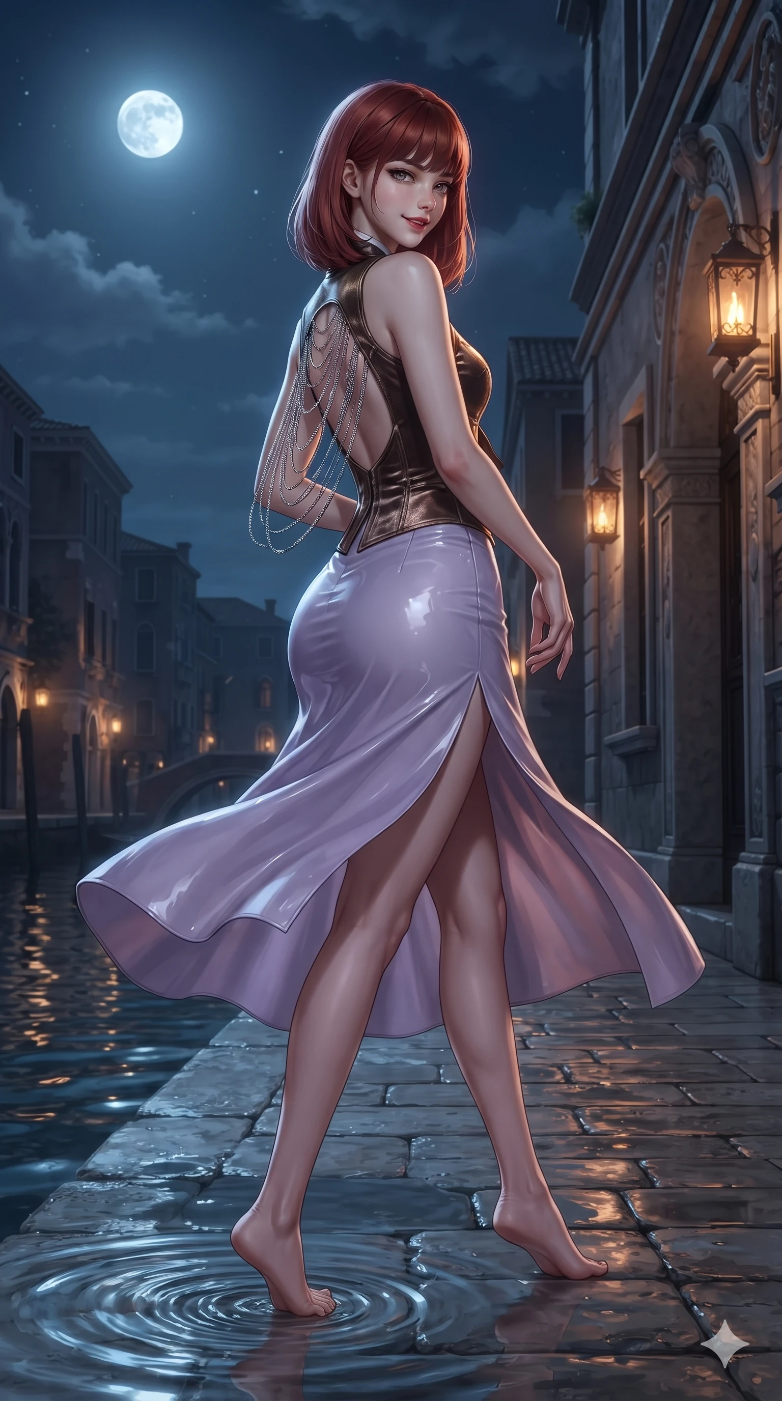 score_9, masterpiece, best quality, ultra-detailed, high-budget anime keyframe, editorial fashion photography, tasteful artistic composition, Caucasian woman. low angle full-body shot from head to toe showing her feet, filling the entire 9:16 vertical frame with her statuesque presence, stretching her vertical silhouette. executing a slow, graceful pivot turn as her silk wrap skirt sways around her slender legs, glancing back with an enchanting, teasing sensual expression while twisting her slender torso in an alluring contrapposto stance, shimmering water reflections contouring her waist and hips. The surrounding environment is rendered in vivid detail and crisp panoramic clarity: sharp dressed stone pier masonry, carved granite arch relief work, and water surface ripple clarity in deep focus. She has an absolutely perfect, statuesque 8.5-heads proportion, an exceptionally tall and slender model-like female figure with impossibly long slender legs, an ultra-slim waist, a flat toned midriff, narrow delicate ribcage, and beautifully sculpted feminine hips creating a graceful, slim hourglass silhouette without any bulky heaviness. sharp v-shaped jawline, high-bridge nose, sparkling eyes with hypnotic seductive depth, thick curled eyelashes, glossy parted lips with a natural dewy peach sheen, alluring bedroom-eyes with an enchanting coquettish smile, exuding magnetic siren charisma and sophisticated glamour, flawlessly proportioned anatomical accuracy, strict slender model proportions, natural body alignment, perfectly sculpted long slender limbs, ultra-slim waistline, clean dynamic posture without body distortion. wearing a tailored silk velvet hanbok corset top paired with an ankle-length fluid chima skirt with a thigh-high slit in vintage bronze patina and pale wisteria lilac, crafted from wet-look high-gloss vinyl fabric with dazzling specular surface reflections, accented with an open-back drape framed by falling strands of delicate chrome chains, the bespoke structured tailoring following the natural line of her 8.5-heads silhouette with refined elegance. bathed in celestial full-moon light contrasting with warm architectural gate lanterns. ultra-reflective glossy finish, specular highlights, rich textural contrasts, high-contrast stereoscopic depth, volumetric dynamic lighting, 2k, ultra detail, master piece, 9:16 ratio