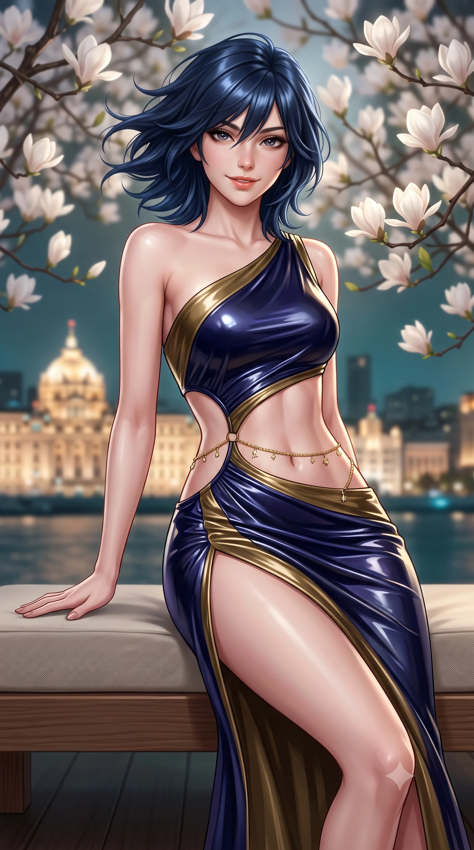 score_9, masterpiece, best quality, ultra-detailed, high-budget anime keyframe, semi-realistic 3D game render, editorial fashion photography, tasteful artistic composition, Caucasian woman. close-up cowboy shot from the waist and thighs up, the character dominates the composition, filling the frame with her large presence. turning slowly with an enchanting smoldering smile, her glossy hair tossing in the breeze as her hips angle gracefully in a captivating contrapposto while lounging across the low teak daybed propped on one hand, her long slender legs and flat midriff radiating effortless metropolitan siren elegance. The background shows a soft-focus blooming white magnolia tree branches, illuminated neoclassical Bund dome rooftops below, and dark river waters blurred into ivory, bronze, and teal bokeh. She has an exceptionally elegant, slender, and willowy female figure with an ultra-slim waist, flat toned midriff, narrow ribcage, and sculpted feminine hips creating an alluring, slim hourglass silhouette without bulk. sharp v-shaped jawline, high-bridge nose, sparkling eyes with hypnotic seductive depth, thick curled eyelashes, glossy parted lips with a natural dewy peach sheen, alluring bedroom-eyes with an enchanting coquettish smile, exuding magnetic siren charisma and sophisticated glamour, flawlessly proportioned anatomical accuracy, strict slender model proportions, natural body alignment, perfectly sculpted long slender limbs, ultra-slim waistline, clean dynamic posture without body distortion. wearing an asymmetric one-shoulder liquid jersey gown with dramatic hip-high slit and sculptural waist cutout in Austrian opera midnight indigo and antique brass, crafted from wet-look high-gloss vinyl fabric with dazzling specular surface reflections, accented with a dainty gold belly chain resting across her flat midriff and curving hips, the glove-like clinging cut tightly following the natural contour of her hips and long slender legs with youthful 8.5-heads elegance. bathed in soft 2800K low-voltage garden ground spotlights highlighting magnolia branches mixed with cool river skyline glow. highly saturated vibrant anime colors, detailed shading with soft gradients, rich glossy textures, high-contrast stereoscopic depth, volumetric dynamic lighting, master piece, 9:16 ratio