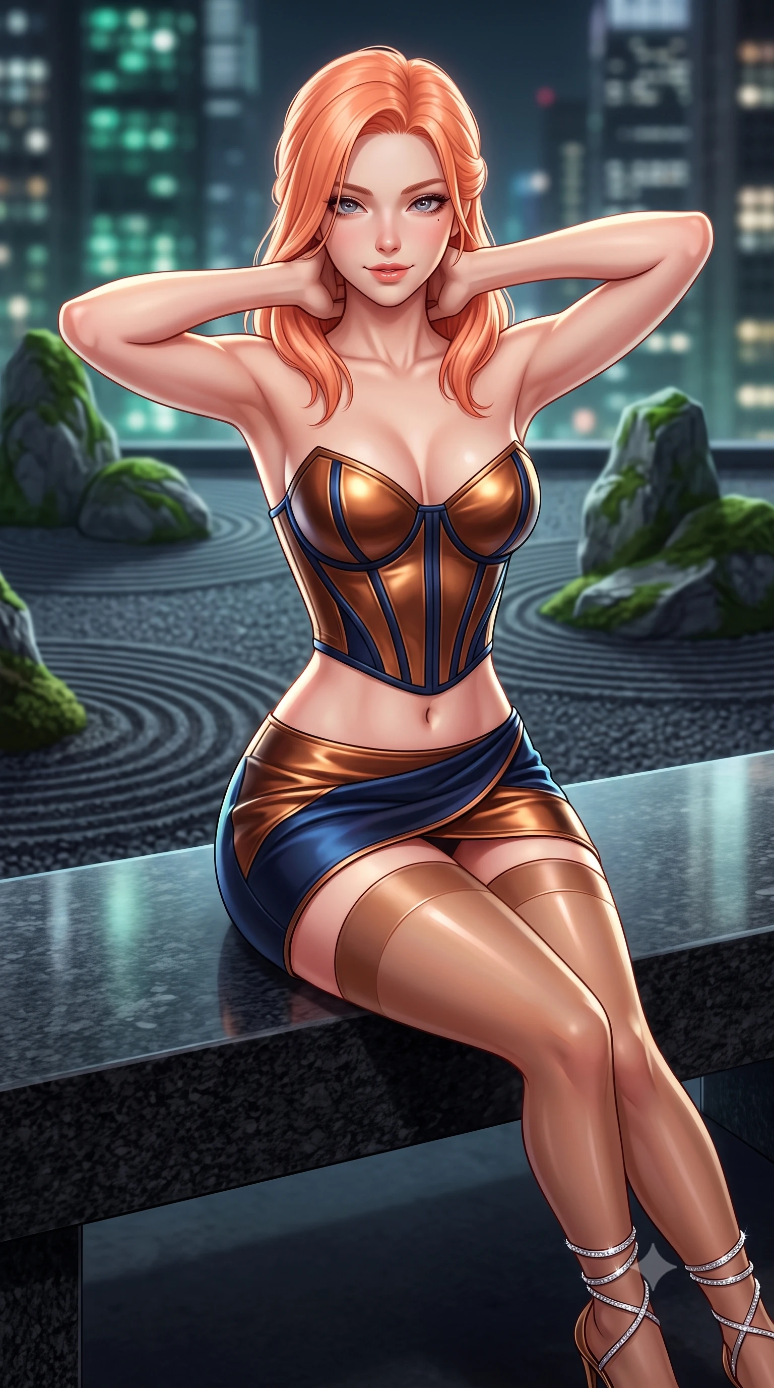 score_9, masterpiece, best quality, ultra-detailed, high-budget anime keyframe, semi-realistic 3D game render, editorial fashion photography, tasteful artistic composition, Japanese woman. close-up cowboy shot from the waist and thighs up, the character dominates the composition, filling the frame with her large presence. resting both hands lightly behind her neck with elbows raised, arching her spine to highlight her narrow waist, flat midriff, and breathtaking collarbones while lounging across the stone veranda ledge propped on one hand, her long slender legs and flat midriff commanding the tranquil sky sanctuary. The background shows a soft-focus raked concentric ripple patterns in dark gravel, sculptural moss-covered boulders, and towering Tokyo skyscraper lights blurred into jade, charcoal, and starlight bokeh. She has an exceptionally elegant, slender, and willowy female figure with an ultra-slim waist, flat toned midriff, narrow ribcage, and sculpted feminine hips creating an alluring, slim hourglass silhouette without bulk. sharp v-shaped jawline, high-bridge nose, sparkling eyes with hypnotic seductive depth, thick curled eyelashes, glossy parted lips with a natural dewy peach sheen, alluring bedroom-eyes with an enchanting coquettish smile, exuding magnetic siren charisma and sophisticated glamour, flawlessly proportioned anatomical accuracy, strict slender model proportions, natural body alignment, perfectly sculpted long slender limbs, ultra-slim waistline, clean dynamic posture without body distortion. wearing a structured boned leatherette corset bodice paired with an ultra-short micro-wrap mini skirt and sheer thigh-high stockings in molten liquid bronze and deep sapphire navy, tailored from fine structural neoprene with crisp architectural edges and smooth contouring, complemented by strappy stiletto sandals with crystal ankle wraps accentuating her slender calves, the form-contouring silhouette accentuating her sculpted flat midriff, narrow delicate ribcage, and gracefully curvy hips with intoxicating allure. illuminated by granite bench reflection fill and sharp platinum-gold rim lights defining her razor-sharp jawline, narrow waist, and curvy hips. highly saturated vibrant anime colors, detailed shading with soft gradients, rich glossy textures, high-contrast stereoscopic depth, volumetric dynamic lighting, master piece, 9:16 ratio