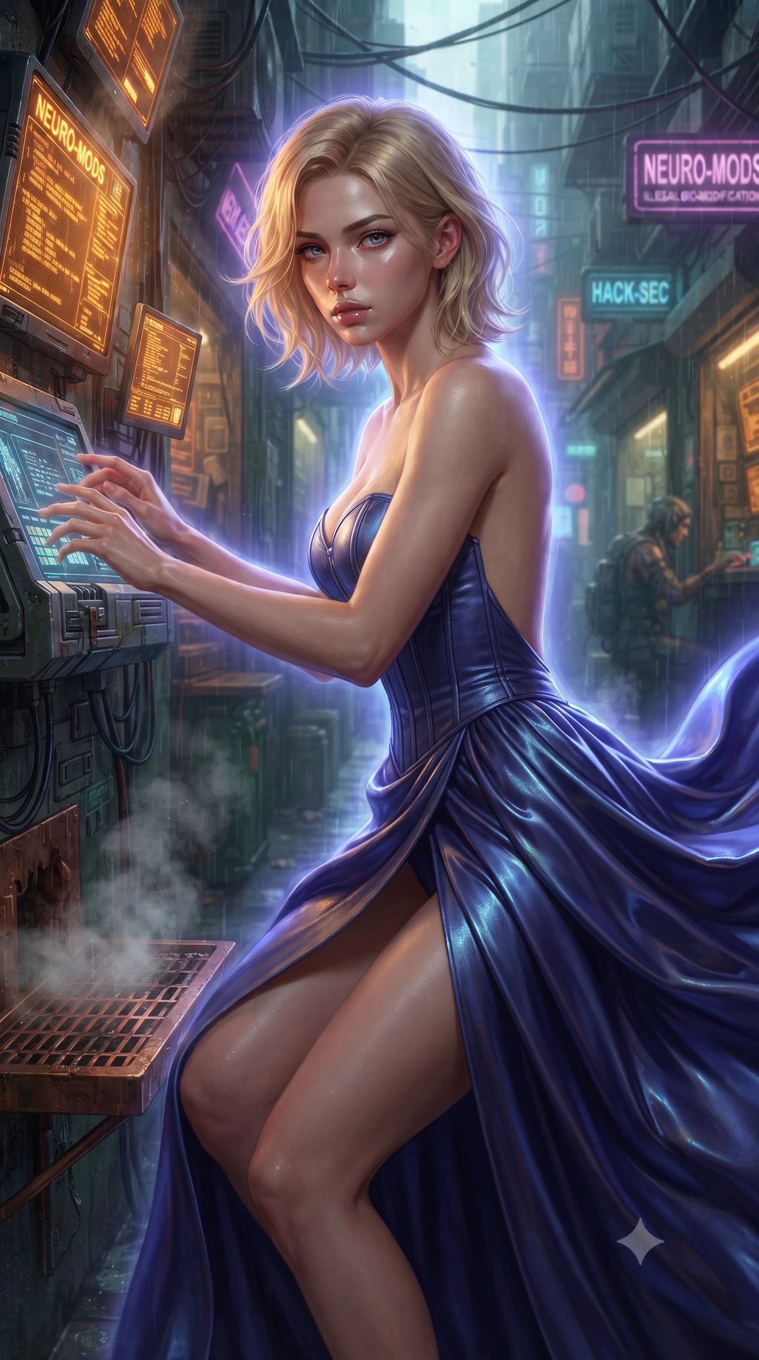 score_9, masterpiece, best quality, ultra-detailed, high-budget anime keyframe, editorial fashion photography, tasteful artistic composition, realistic cosplay photography, Caucasian woman, strictly human ears. close-up cowboy shot from the waist and thighs up, the character dominates the composition, filling the frame with her large presence, background elements kept in soft focus. Hacking a security terminal in a low crouch, fingers moving in a blur as amber code screens surround her. set against a soft-focus background of a damp cyber-slum alleyway crowded with illegal bio-modification booths and steam rising from copper grates. She has an exceptionally elegant and slender, willowy female figure with an ultra-slim waist, a gracefully sculpted slender torso, and a refined slim physique. sharp v-shaped jawline, high-bridge nose, intricate jewel-like eyes with depth, thick eyelashes, glossy lips with a natural sheen. wearing the lightweight fabric rippling and billowing dramatically with her movement, a tailored structured bustier gown in deep indigo blue, featuring a boned bodice, a daring high front slit, and a completely open back. cool ethereal blue-violet bioluminescent glow wrapping around her from all sides. ultra-reflective glossy finish, specular highlights, metallic sheen, high-contrast stereoscopic depth, volumetric dynamic lighting, 2k, ultra detail, master piece, 9:16 ratio