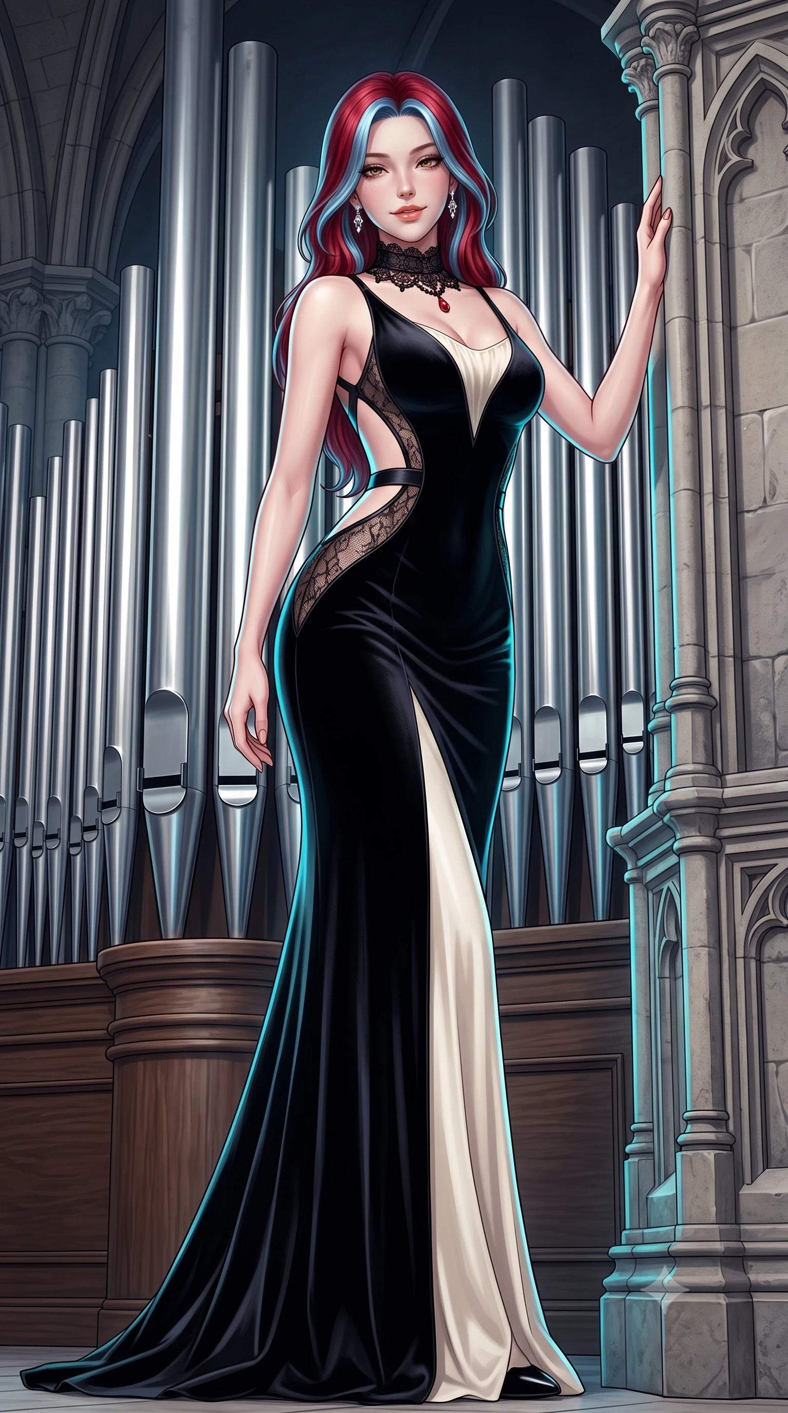 score_9, masterpiece, best quality, ultra-detailed, high-budget anime keyframe, semi-realistic 3D game render, editorial fashion photography, tasteful artistic composition, Caucasian woman. low angle full-body shot from head to toe showing her feet, filling the entire 9:16 vertical frame with her statuesque presence, stretching her vertical silhouette. standing tall beside the architectural column, one hand resting high while arching her lower back to emphasize her sculpted feminine hips and slender waist while standing poised on the organ gallery loft before the massive polished tin pipes, arching her back with dramatic gothic opera glamour. The surrounding environment is rendered in vivid detail and crisp panoramic clarity: detailed sheer mesh lace leotard weave, sparkling diamond earrings, and monumental gothic masonry in razor-sharp precision. She has an absolutely perfect, statuesque 8.5-heads proportion, an exceptionally tall and slender model-like female figure with impossibly long slender legs, an ultra-slim waist, a flat toned midriff, narrow delicate ribcage, and beautifully sculpted feminine hips creating a graceful, slim hourglass silhouette without any bulky heaviness. sharp v-shaped jawline, high-bridge nose, sparkling eyes with hypnotic seductive depth, thick curled eyelashes, glossy parted lips with a natural dewy peach sheen, alluring bedroom-eyes with an enchanting coquettish smile, exuding magnetic siren charisma and sophisticated glamour, flawlessly proportioned anatomical accuracy, strict slender model proportions, natural body alignment, perfectly sculpted long slender limbs, ultra-slim waistline, clean dynamic posture without body distortion. wearing a provocative sheer illusion mesh vampire gown with liquid satin ribbons contouring her hourglass curves in dual-tone high-contrast avant-garde monochrome, tailored from ultra-plush velvet with rich tactile depth and deep shadow gradients, accented with an ornate black lace Victorian choker featuring a single blood-red teardrop garnet, the precision-cut side openings and low-back scoop framing her graceful spine and the sensual sweep of her slim, toned hips. illuminated by tin pipe specular reflections and sharp electric-cyan rim lights sculpting her jawline, narrow waist, and curvy hips. highly saturated vibrant anime colors, detailed shading with soft gradients, rich glossy textures, high-contrast stereoscopic depth, volumetric dynamic lighting, master piece, 9:16 ratio