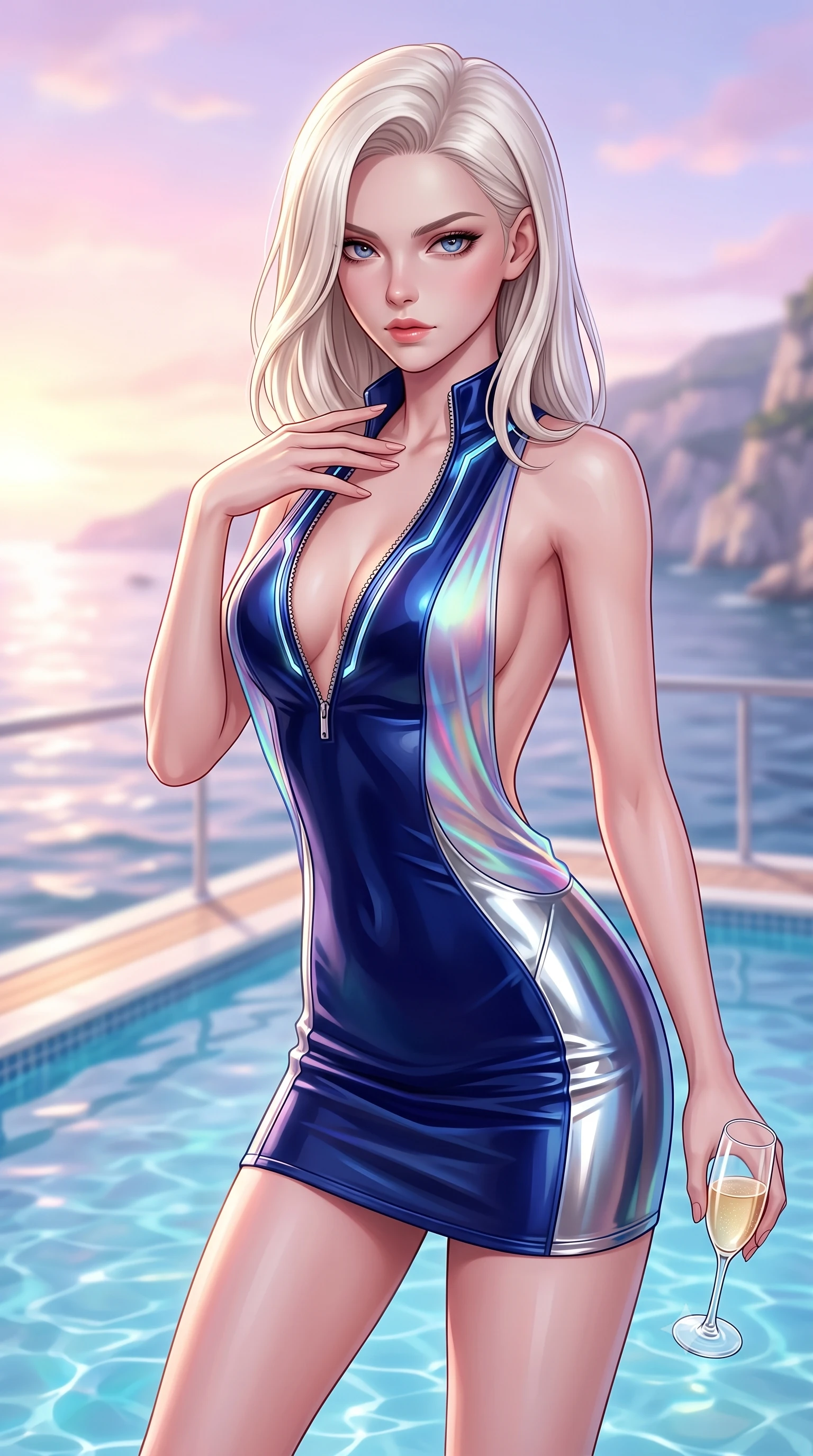 score_9, masterpiece, best quality, ultra-detailed, high-budget anime keyframe, semi-realistic 3D game render, editorial fashion photography, tasteful artistic composition, Caucasian woman. close-up cowboy shot from the waist and thighs up, the character dominates the composition, filling the frame with her large presence. leaning forward with a dangerous, enticing smolder, resting one hand near her collarbone while casting a fiery, magnetic direct gaze while pivoting dynamically near the yacht's glass-bottom pool with a champagne flute in hand under a glowing pastel sky. The composition keeps background elements in soft focus with creamy bokeh. harbor water ripples and distant coastal cliffs softened in luminous shallow depth of field. She has an exceptionally elegant, slender, and willowy female figure with an ultra-slim waist, a gracefully sculpted slender torso, toned flat midriff, and a refined slim silhouette. sharp v-shaped jawline, high-bridge nose, intricate jewel-like eyes with depth, thick eyelashes, glossy lips with a natural sheen, flawlessly proportioned anatomical accuracy, strict slender model proportions, natural body alignment, perfectly sculpted long slender limbs, ultra-slim waistline, clean dynamic posture without body distortion. wearing a second-skin fashion-latex mini dress with a clean architectural front, featuring an open-back design that wraps around the sides of her waist, showcasing her slender silhouette in deep royal navy blue and specular chrome, made of smooth iridescent silk chiffon that shifts colors with movement, featuring a dangerously unzipped neckline framed by glowing cybernetic accents, the precision-cut daring openings accentuating her delicate midriff, graceful bare collarbones, and ultra-slim feminine waistline. surrounded by an ultra-exclusive, opulent, and fiercely captivating Riviera supermodel aura. highly saturated vibrant anime colors, detailed shading with soft gradients, rich glossy textures, high-contrast stereoscopic depth, volumetric dynamic lighting, master piece, 9:16 ratio