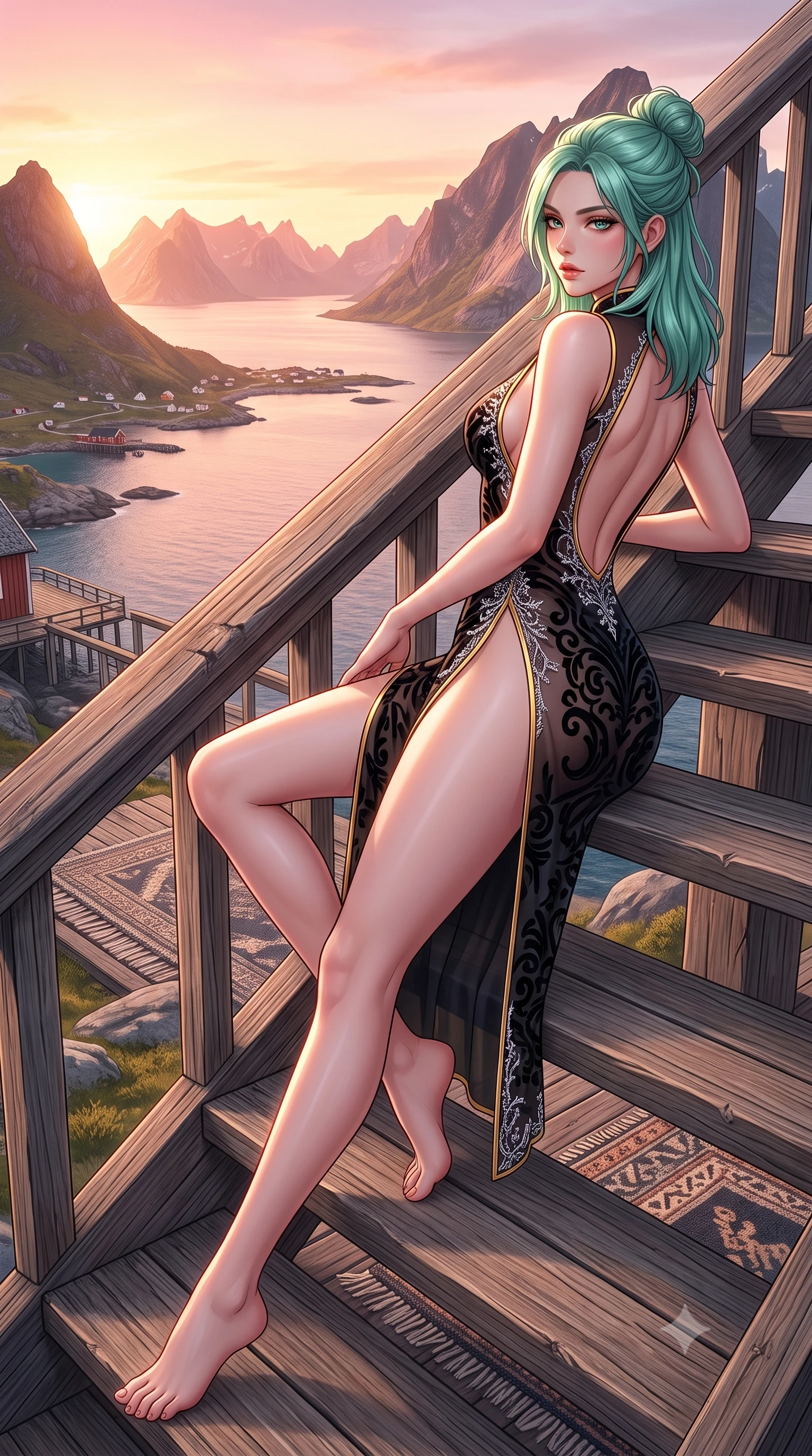 score_9, masterpiece, best quality, ultra-detailed, high-budget anime keyframe, semi-realistic 3D game render, editorial fashion photography, tasteful artistic composition, Japanese woman. low angle full-body shot from head to toe showing her feet, filling the entire 9:16 vertical frame with her statuesque presence, stretching her vertical silhouette. reclining on her side in an elegant Cleopatra pose with one knee drawn up, the dramatic contour of her rounded hips and long slender legs commanding the 9:16 vertical frame while leaning against the timber stair railing with hips cocked back, looking over her shoulder with fearless, smoldering Nordic eyes. The surrounding environment is rendered in vivid detail and crisp panoramic clarity. detailed wool knit texture, soft skin highlights in Arctic light, and Lofoten island archipelago in high resolution. She has an exceptionally tall and slender model-like 8.5-heads proportion, an ultra-slim waist, a flat toned midriff, narrow delicate ribcage, and beautifully sculpted feminine hips creating a graceful, slim hourglass silhouette without any bulky heaviness, with impossibly long slender legs. sharp v-shaped jawline, high-bridge nose, intricate jewel-like eyes with depth, thick eyelashes, glossy parted lips with a natural sheen, intensely captivating and seductive bedroom-eyes expression, flawlessly proportioned anatomical accuracy, strict slender model proportions, natural body alignment, perfectly sculpted long slender limbs, ultra-slim waistline, clean dynamic posture without body distortion. wearing a modernized cyber-qipao mini dress with an ultra-high side slit ascending to the hip and glowing piping in midnight obsidian black and liquid gold, made of sheer contouring power-mesh with velvet flocking patterns, finished with delicate crystal frost embroidery tracing the plunging neckline, the precision-cut side openings and low-back scoop framing her graceful spine and the sensual sweep of her slim, toned hips. bathed in magical golden hour midnight sun backlighting casting endless warm rose-gold tones. highly saturated vibrant anime colors, detailed shading with soft gradients, rich glossy textures, high-contrast stereoscopic depth, volumetric dynamic lighting, master piece, 9:16 ratio