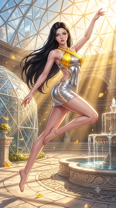 score_9, masterpiece, best quality, ultra-detailed, high-budget anime keyframe, semi-realistic 3D game render, editorial fashion photography, tasteful artistic composition, Korean woman. low angle full-body shot from head to toe showing her feet, fil