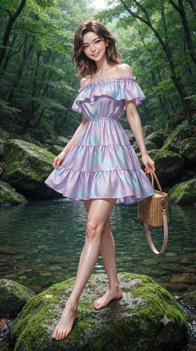 score_9, masterpiece, best quality, ultra-detailed, high-budget anime keyframe, editorial fashion photography, tasteful artistic composition, Korean woman. low angle full-body shot from head to toe showing her feet, filling the entire 9:16 vertical f
